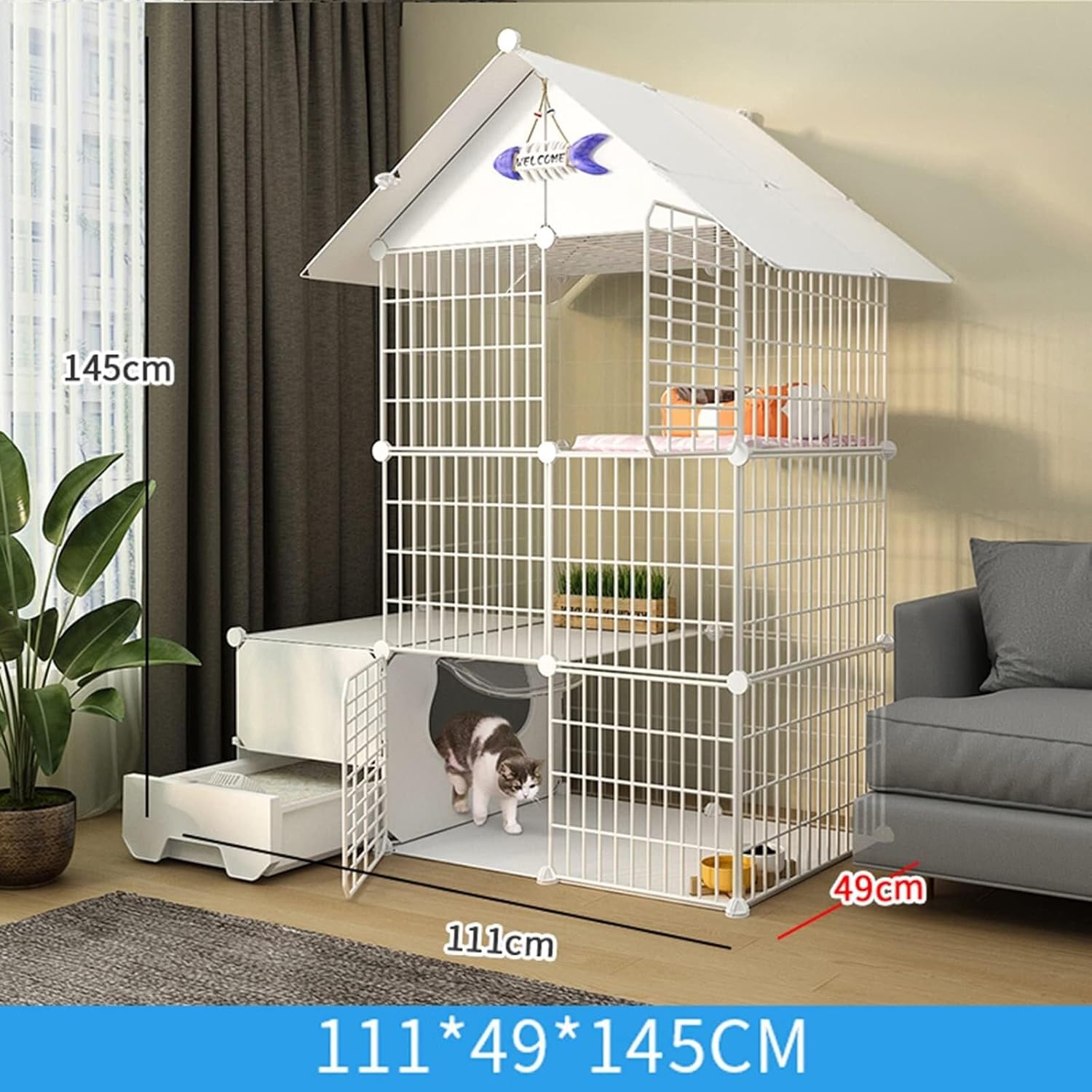 Large 3-Tier Indoor Cat Cage with Litter Box & Accessories, Collapsible Wire Cat Playpen for 1-4 Cats, White(Round,111 * 49 * 145cm-a)