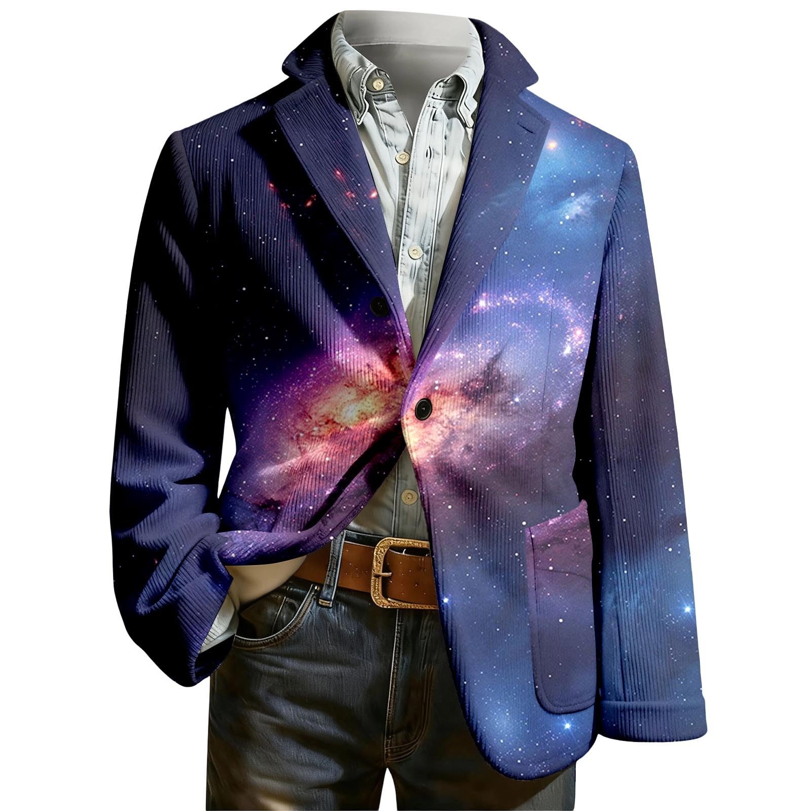 Chaqueta de pana con estampado único de cielo estrellado cósmico, elegante y casual para caballeros modernos.