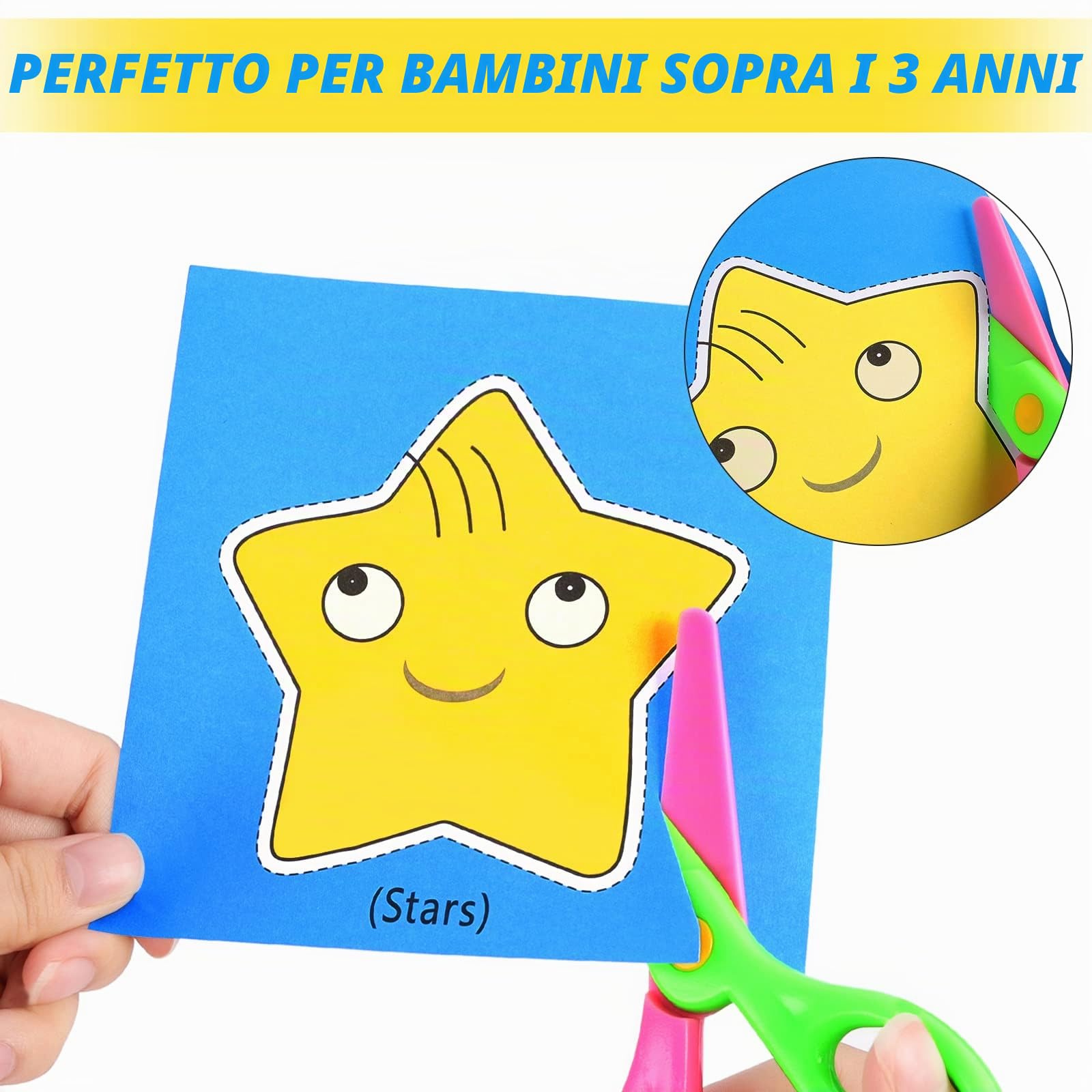 Kit Taglio CARTA, 2 Forbici di Sicurezza per Bambini in Plastica, Vieni con 96 Fogli di Carta con Animali e Frutti - Per_PIENA CADUTA!