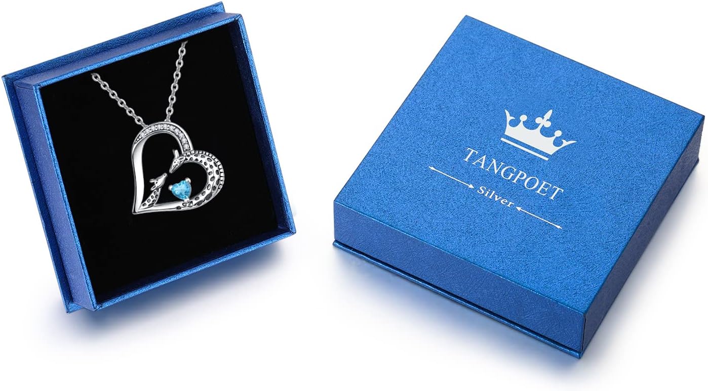 TANGPOET Giraffe Birthstone Heart Pendant Necklace Jewelry Gifts for Women 925 Oxidized Sterling Silver Gold Plated Mother's Day Birthday Gifts for Mom Mother Daughter with 18"+2" Chain - Image 7
