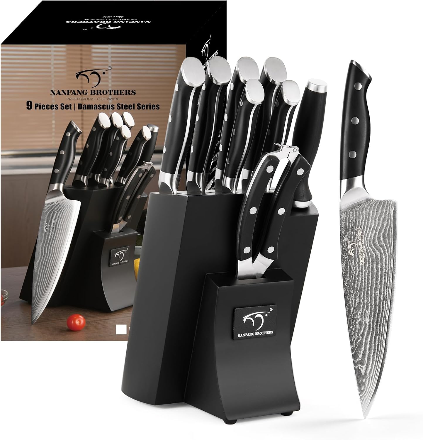 NANFANG BROTHERS Damascus Steel Knife Set with Block Kitchen Knife Sets 9 Pieces for Kitchen with Block Kitchen Knife for Chopping Cutting Dicing Black