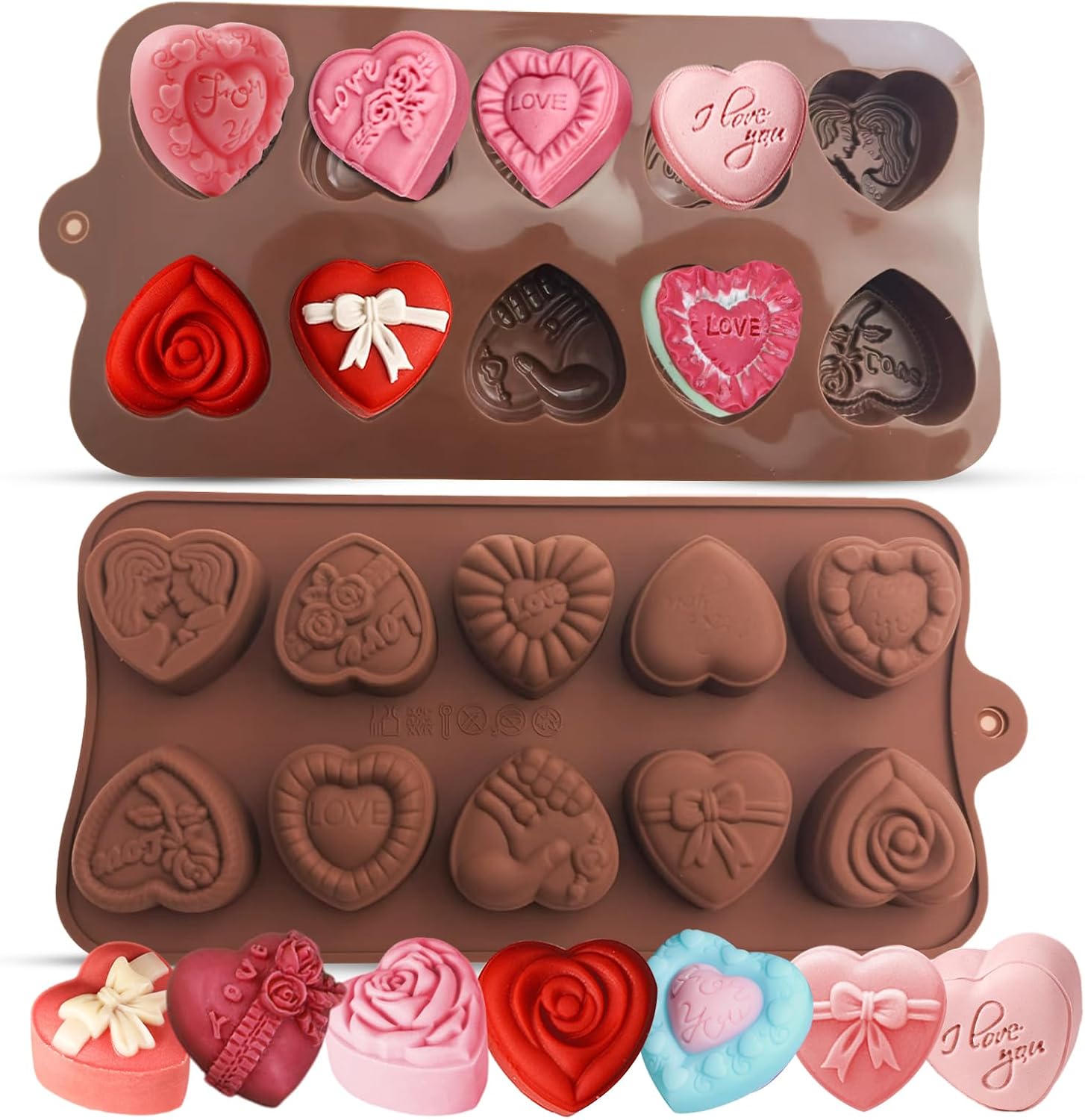2PCS Heart Chocolate Molds, 10-Design Love Rose Silicone Molds, Non-Stick Baking Molds for DIY Chocolate, Candy, Gummy, Ice Cubes
