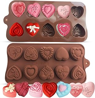 2PCS Heart Chocolate Molds, 10-Design Love Rose Silicone Molds, Non-Stick Baking Molds for DIY Chocolate, Candy, Gummy, Ice Cubes