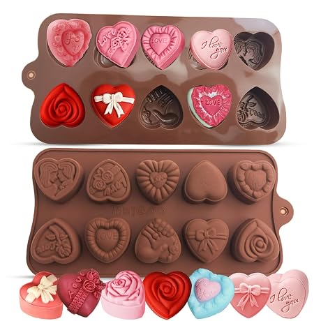 2PCS Heart Chocolate Molds, 10-Design Love Rose Silicone Molds, Non-Stick Baking Molds for DIY Chocolate, Candy, Gummy, Ice Cubes