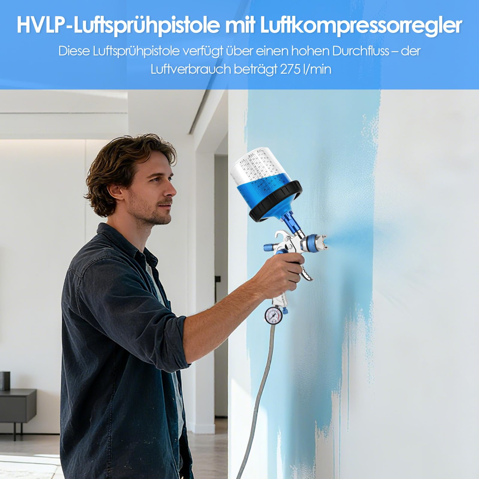 HVLP Lackierpistole Spritzpistole Kit mit 3 Düsen (1,4/1,7/2,0 mm), Profi Lackierpistole Druckluft mit 10 Stück 600ML Einwegbechern Spritzpistole Cups, einstellbarem Luftdruck & Fluss