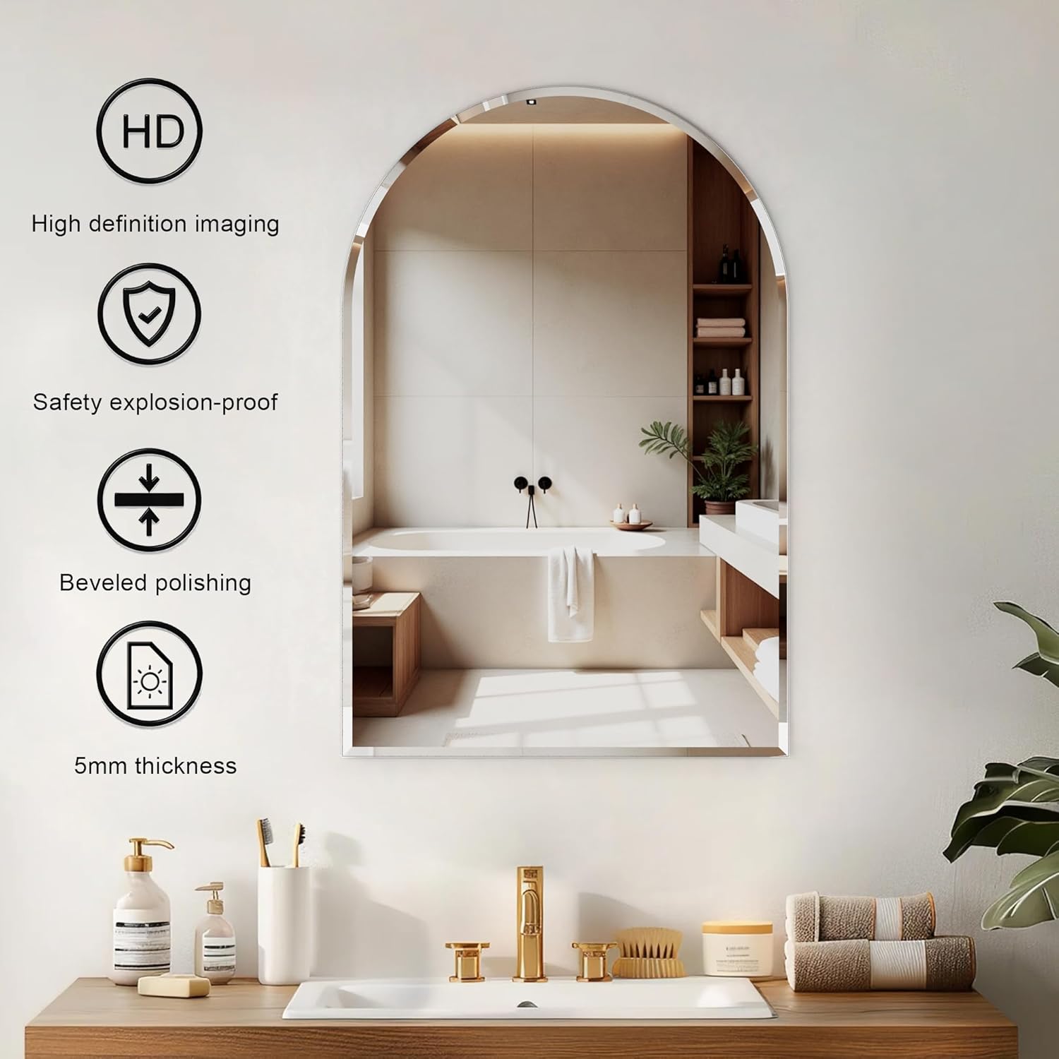 Arched Bathroom Mirror, 22X30 inch Arched Frameless Mirror, Arch Wall Mirror,Frameless Mirrors for Bathroom,Beveled Bathroom Mirror. - Image 6