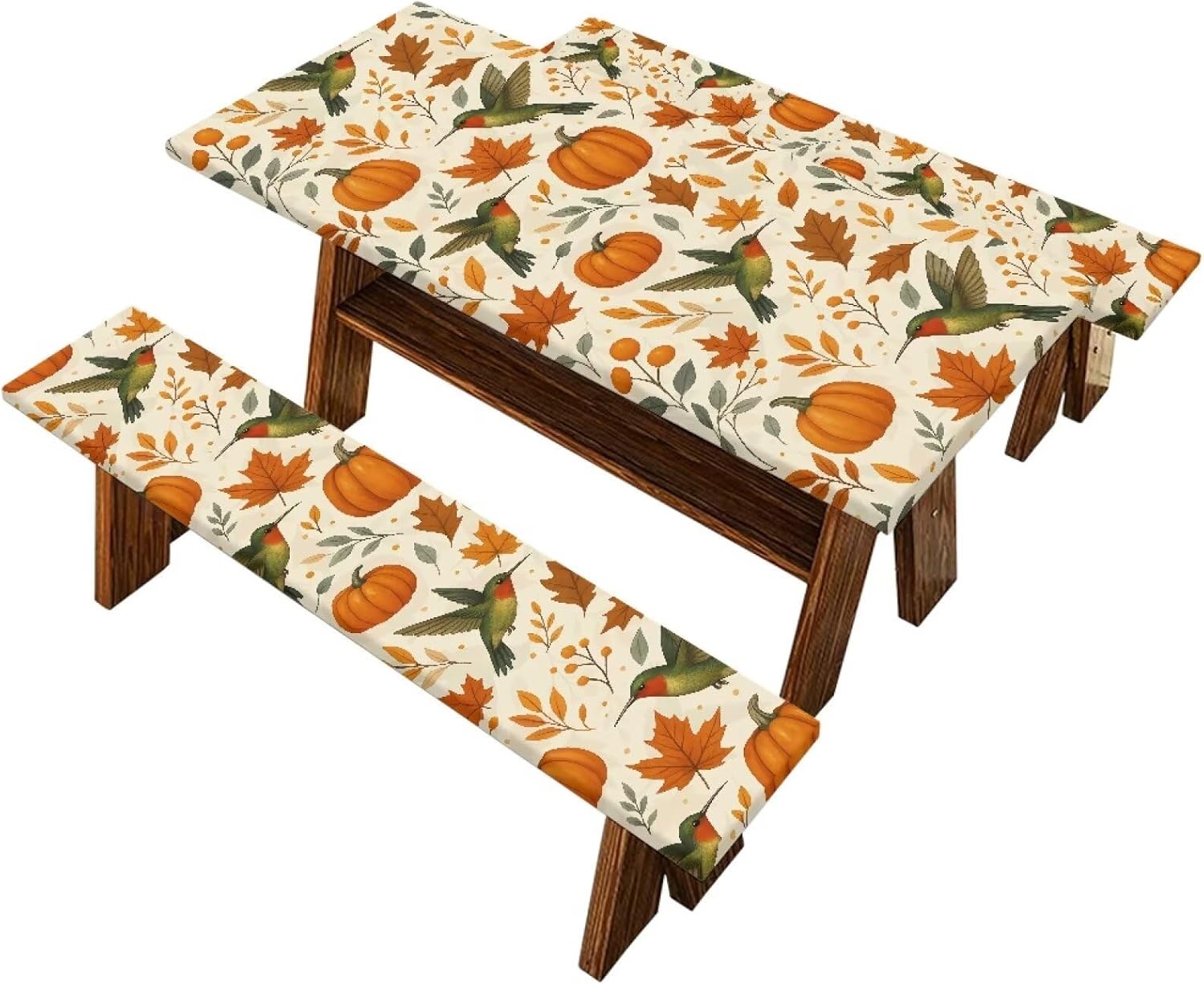 Picnic Table Cover with Bench Covers Camping Essentials with Elastic Rectangle Tablecloths Fitted Tablecloth for Tables Fitted Pumpkin Maple Leaves Rectangle Tables and Seats