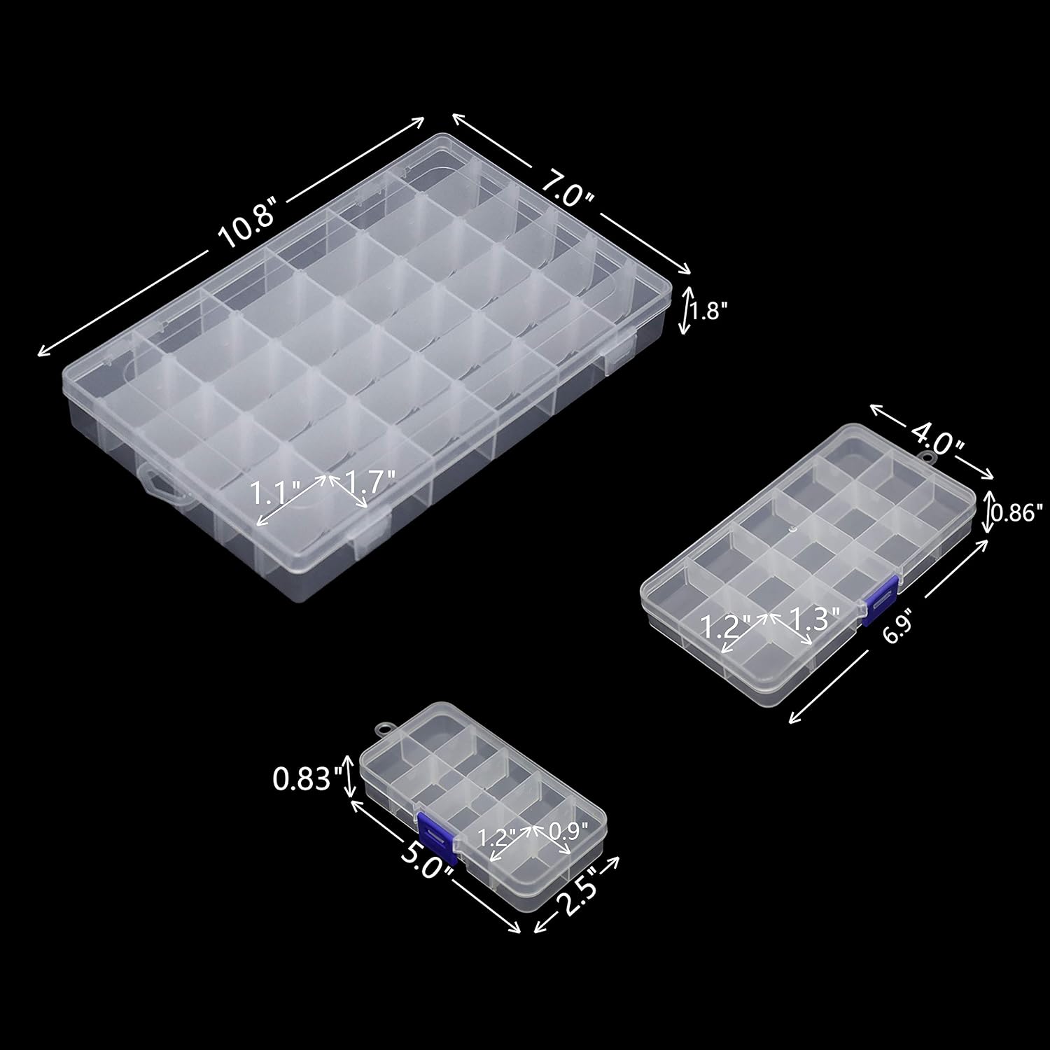 WingsShop 7 Pack Clear Plastic Organizer Box 36 Grids 15 Grids &10 Grids Storage Container with Adjustable Dividers for Jewelry Beads Earring Crafts and Small Parts with 2 Sheets Label