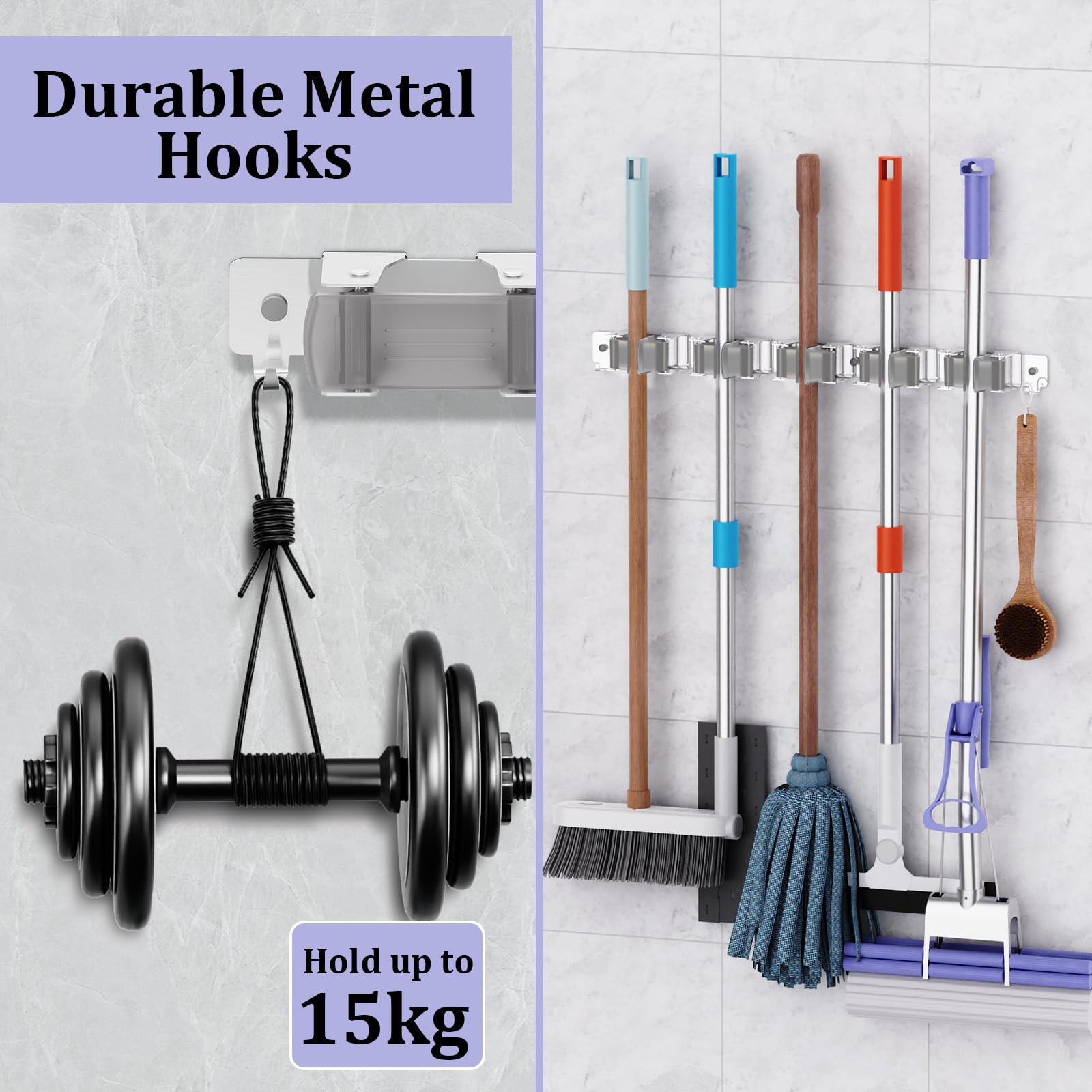 Oamwrae 5 Slot Broom Holder Wall Mounted with 2 Hooks, Stainless Steel Mop Holder - Image 4