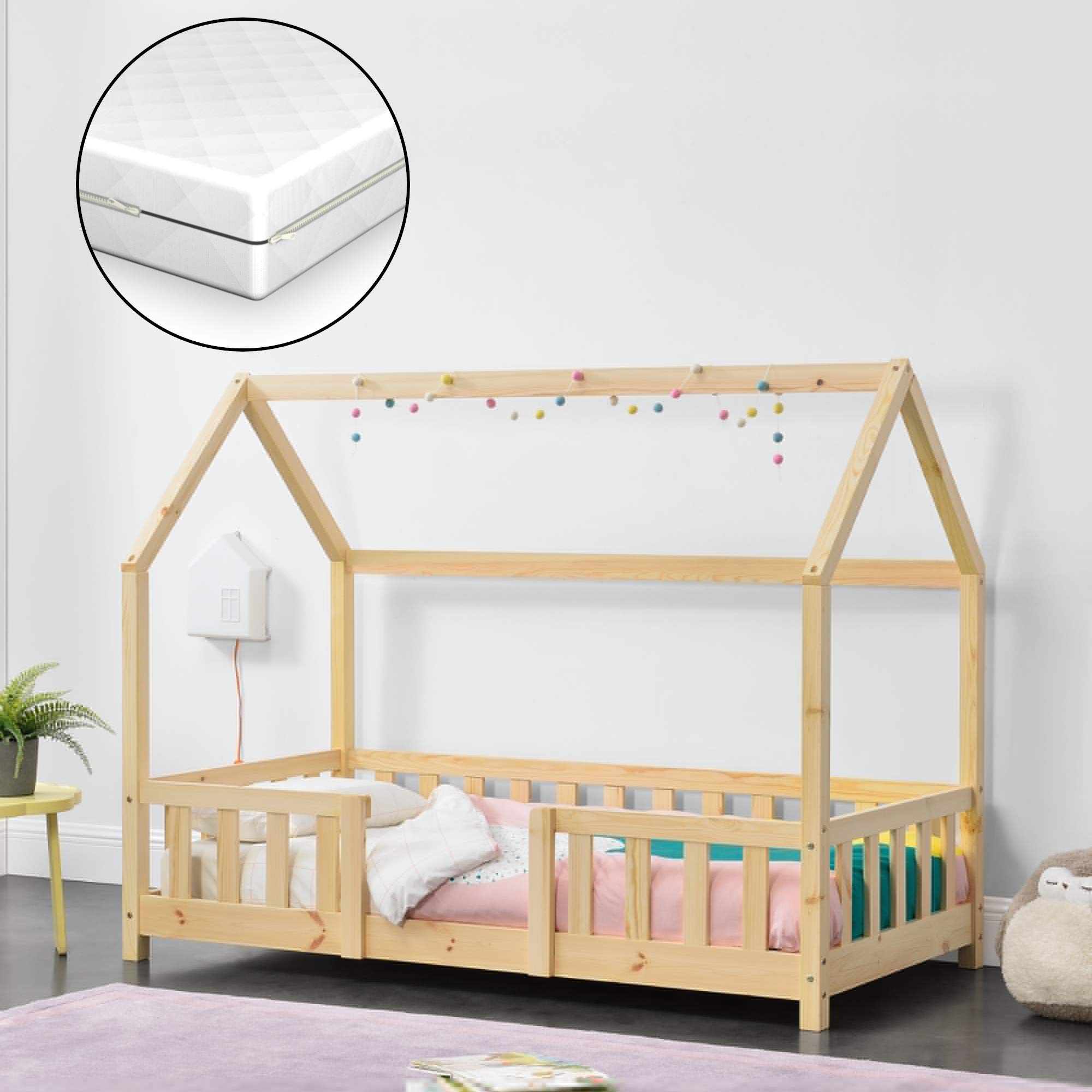 Letto per Bambino a Forma di Casetta con Barriera Anticaduta e Materasso 160x80 cm Lettino in Legno di Pino con Sponde/Sbarre di Sicurezza - Color Legno Naturale