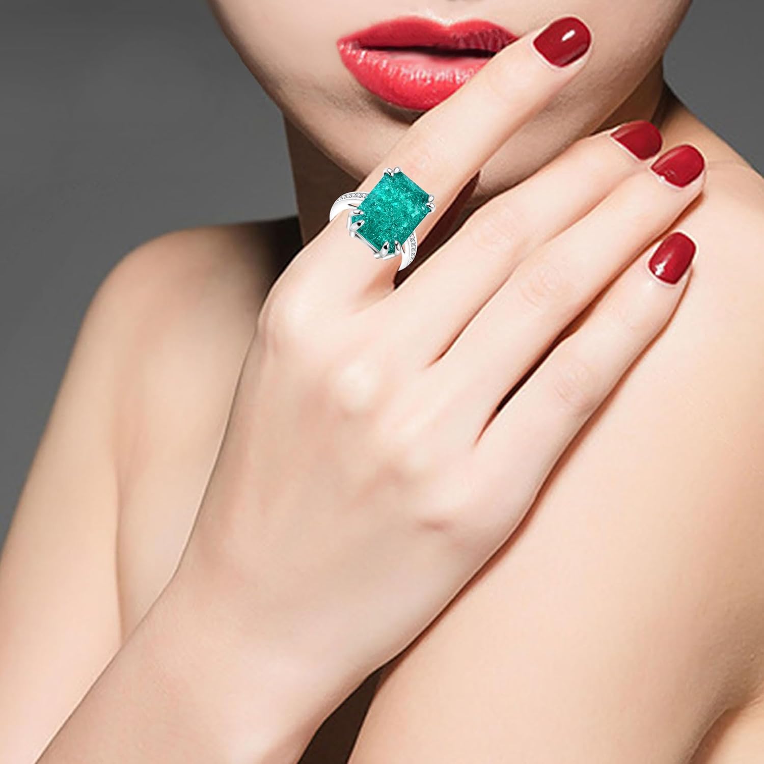 Uloveido 0.5"*0.7" Rectangle Stone Halo Index Finger Anniversary Rings for Women, Green Cubic Zirconia Imitated Paraiba Tourmaline Ring - Image 2