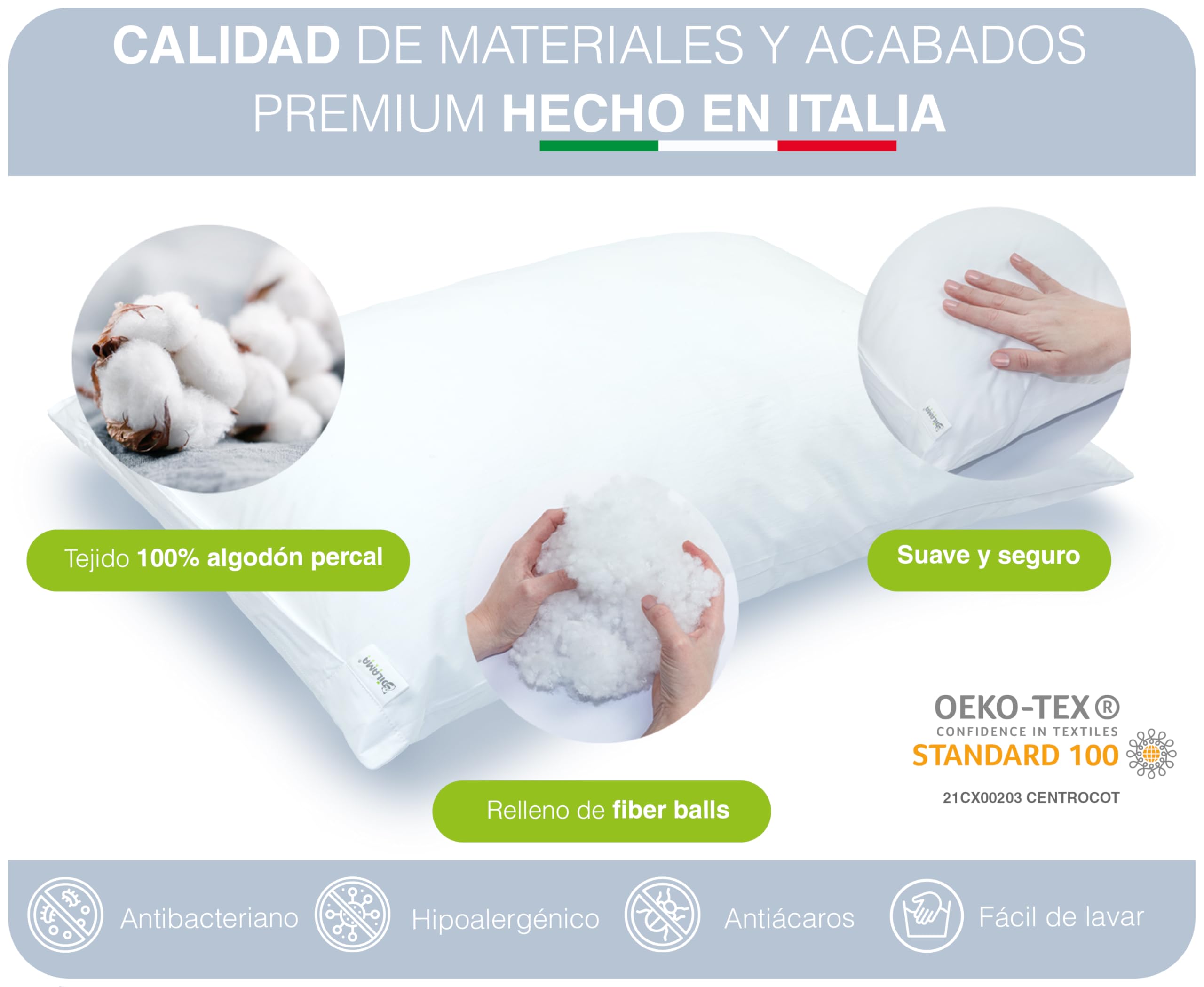 Dilamababy Almohada Infantil Ajustable 2-3 Años - Algodón Percal Hipoalergénico - para Cunas 60x120 cm - Almohada Cuna Bebé - Blanco 100% Algodón