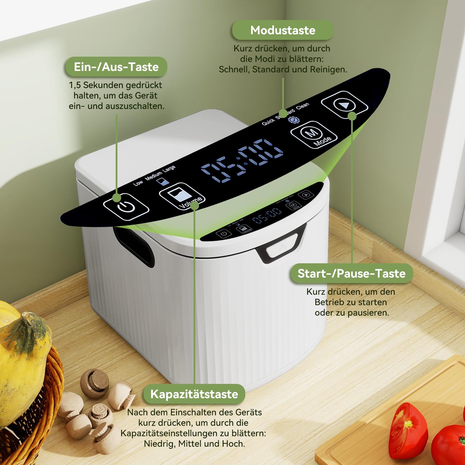 Fullwatt Elektrischer Komposter 3.3L Geruchsfreier Komposter Elektro-Schnellkomposter mit 2 Kohlenstofffilter Komposteimer & LED-Anzeige für Organisches Material & Lebensmittelreste Selbstreinigend