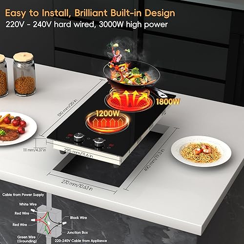 Miniatura 4 de Estufa eléctrica de 2 quemadores de 220-240 V, 3000 W con diseño integrado, control de perilla de 12 pulgadas, placa de cerámica con bloqueo de