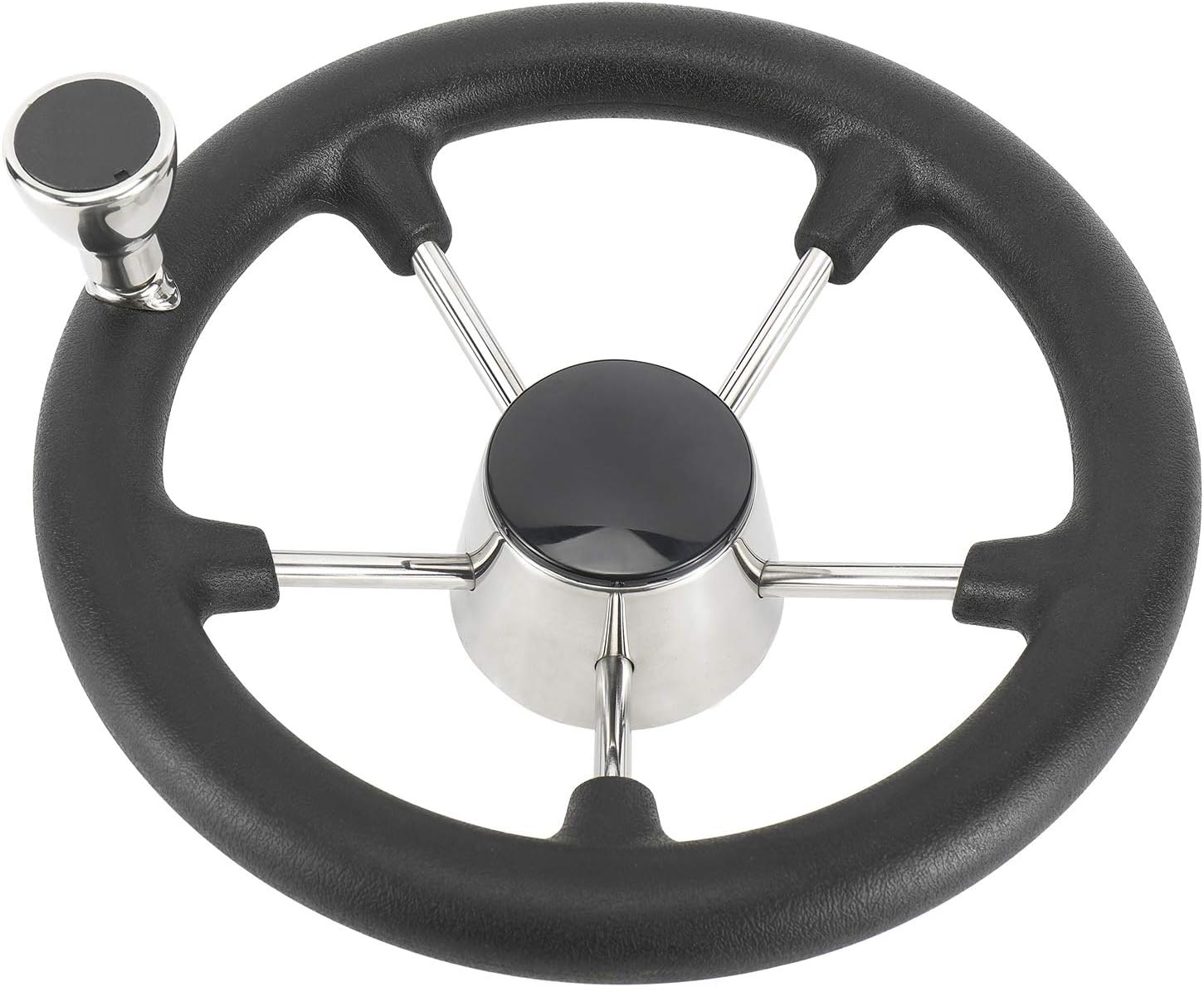 NovelBee 11-1/2 Inch Stainless Steel 5 Spoke Boat Marine Destroyer Steering Wheel with Black PU Foam (With Knob)