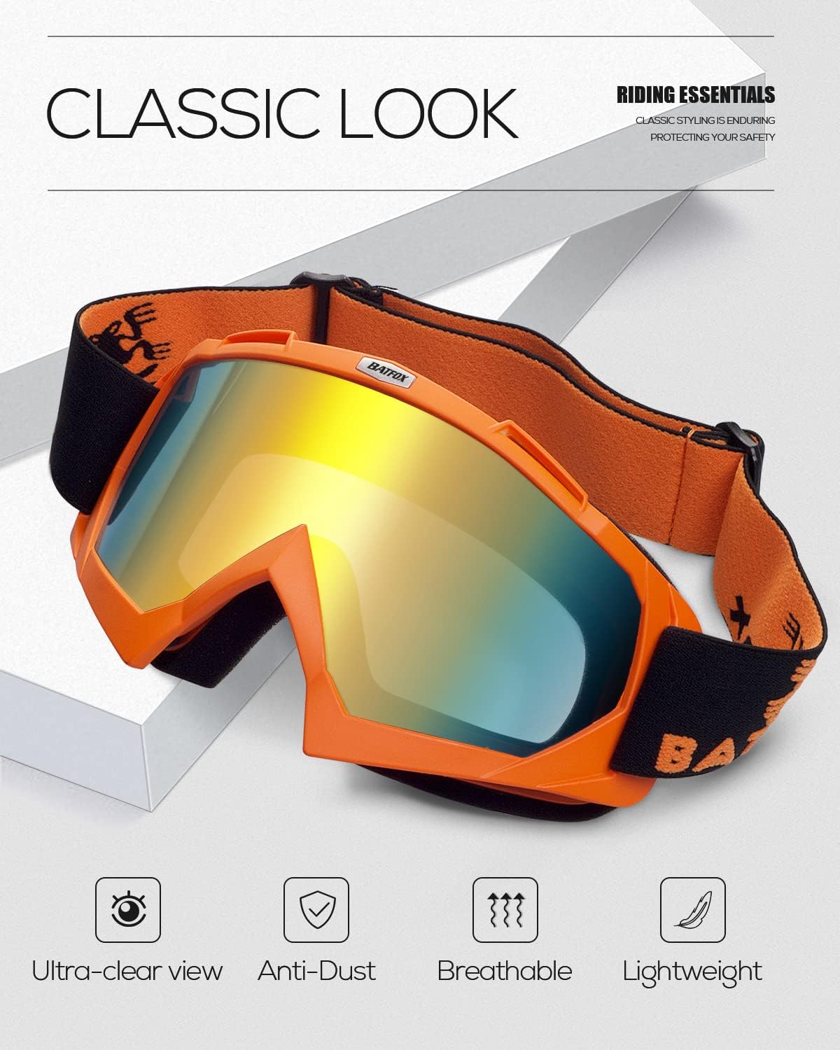 BATFOX Dirt Bike ATV Goggles Motorcycle Gear Riding Motocross Dirtbike 4-Wheeler MX DH Accessories Goggles Glasses for Men Women Youth UV400 Protection Dust-proof Anti-Slip Strap