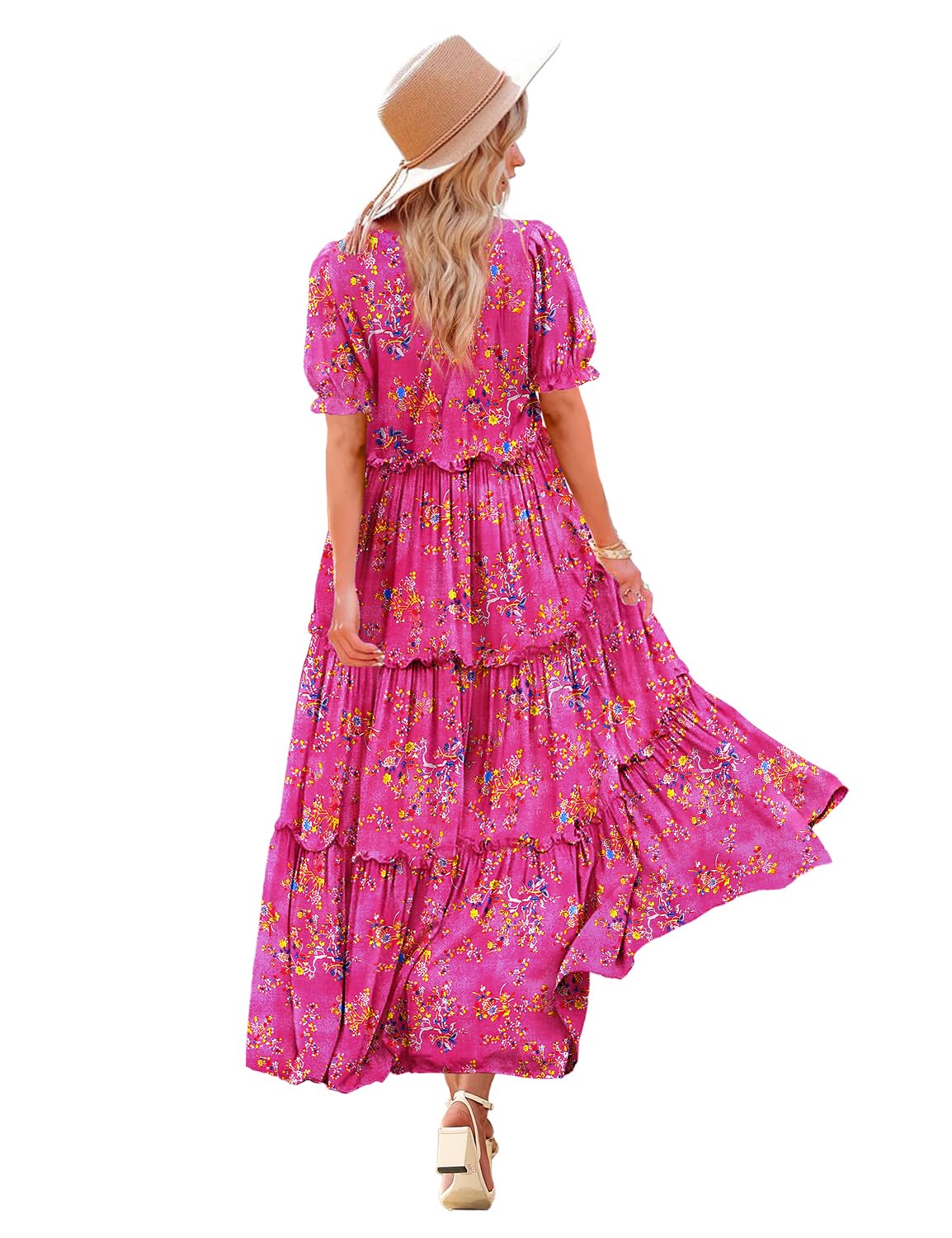 YESNOSummer Casual Bohemian Floral Dresses for Women Puff Short Sleeve Long Maxi Dress with Pockets ETX
