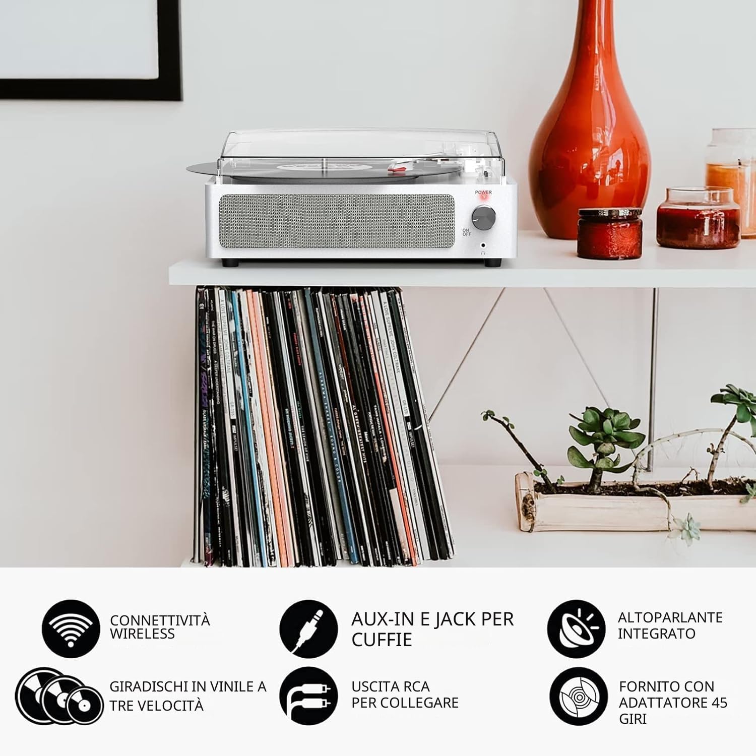 Trynnay Giradischi con altoparlante in vinile, fonografo LP senza fili, con altoparlanti stereo incorporati, trasmissione a 3 marce, giradischi con altoparlanti, retro bianco