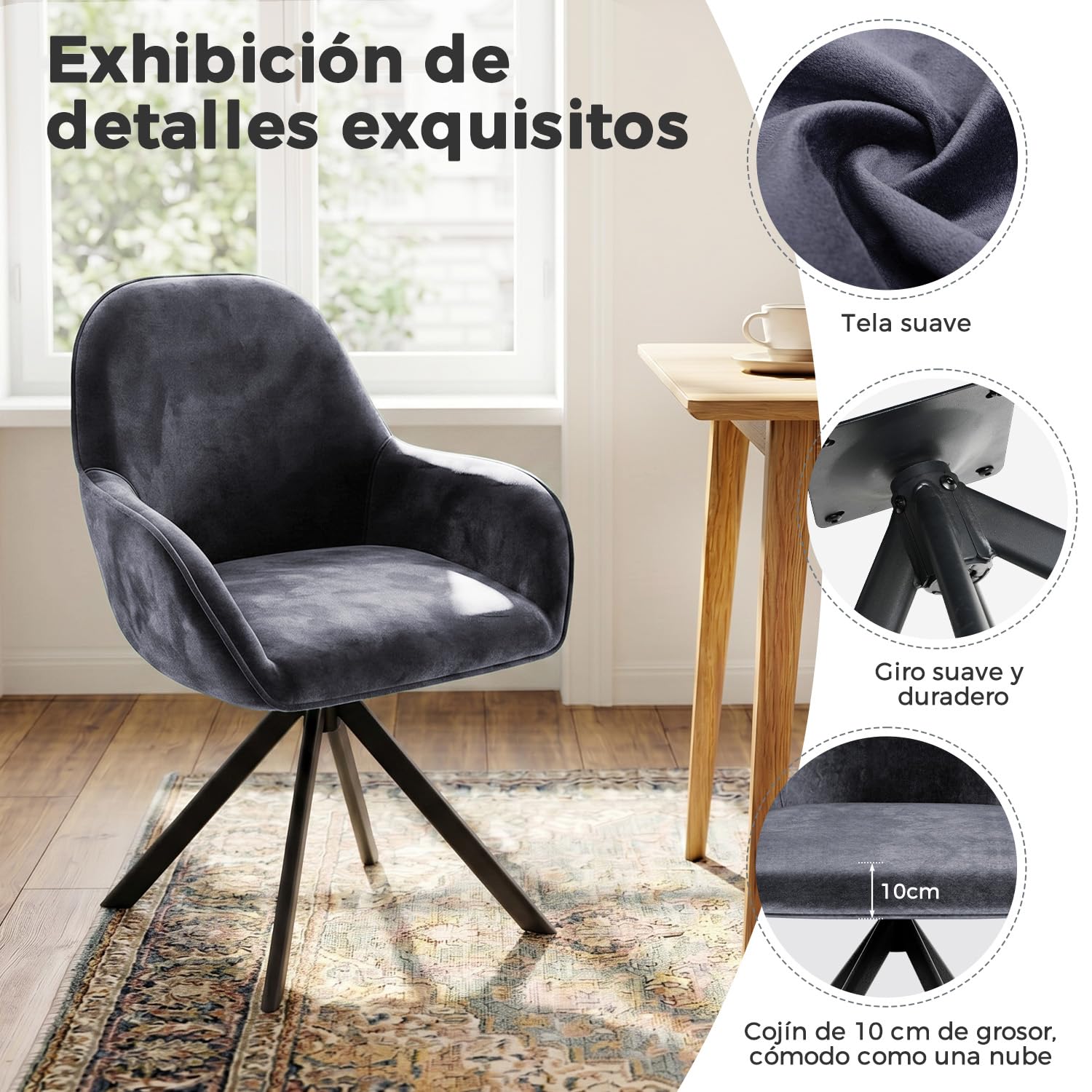 ELUCHANG Sillas de Comedor Pack 4, Giratorias 360°, Butaca Elegante de Terciopelo, Silla Nórdica Moderna con Reposabrazos, para Salón, Cocina y Escritorio, Gris