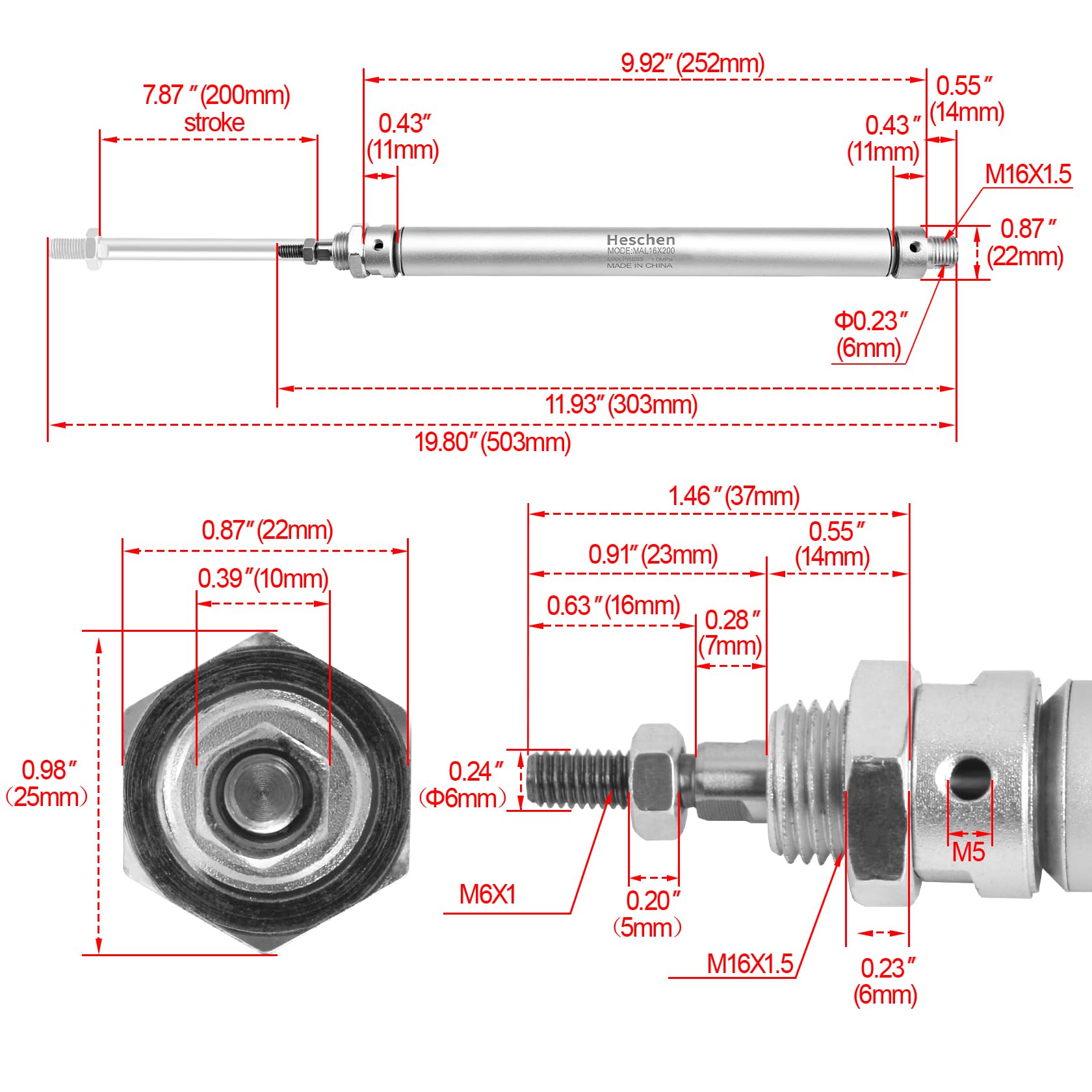 Heschen pneumatyczny wąski cylinder powietrza MAL 16-200 M5 port 16 mm otwór 200 mm skokowy podwójne działanie