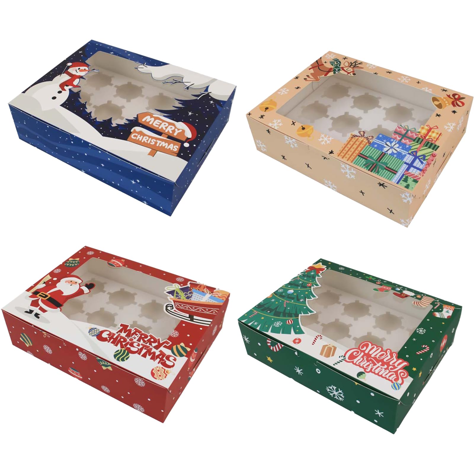 Bekecidi 4 PCS Christmas Cupcake Boxes 12 Holes, Paper Gift Boxes with Clear Window and Inserts Cupcake Holders Bakery Packaging Boxes for Muffins Cookies Cupcakes Desserts Pies (32.5x25x9cm)