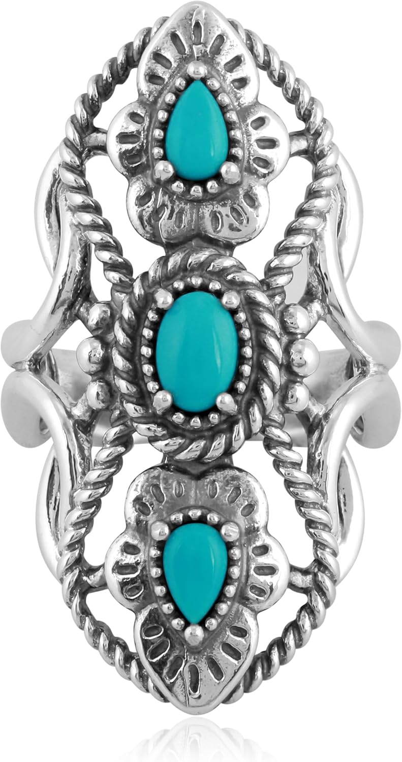 American West Jewelry Genuine Gemstone Sterling Silver Elongated Ring Size 5-10