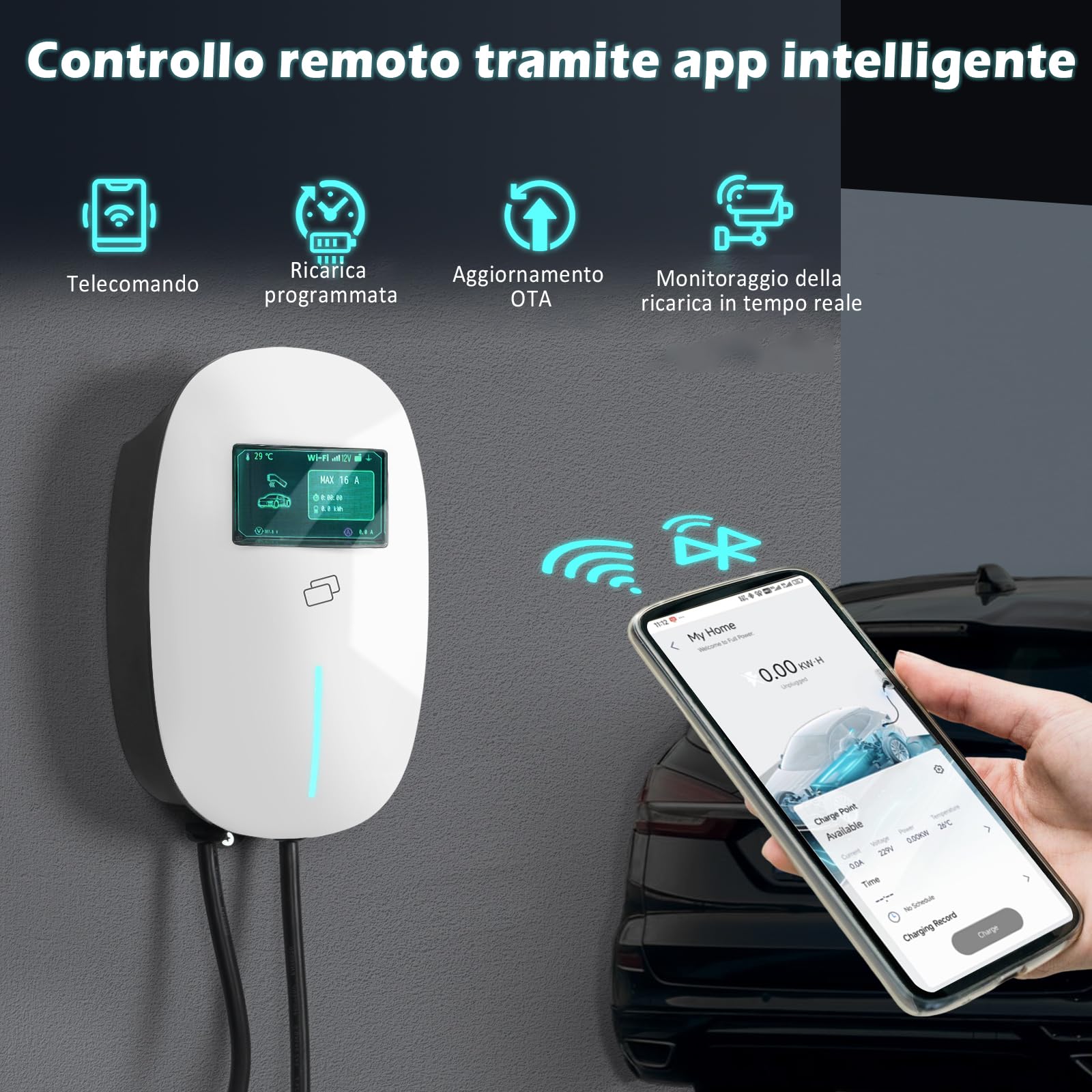 YU YUSING Columna de carga de coche eléctrico 11 kW, 7 m cable carga coche eléctrico tipo 2, 6-16 A Wallbox trifásico, carga coche eléctrico con Schuko, contra APP, LCD digital y soporte, IP65, blanco