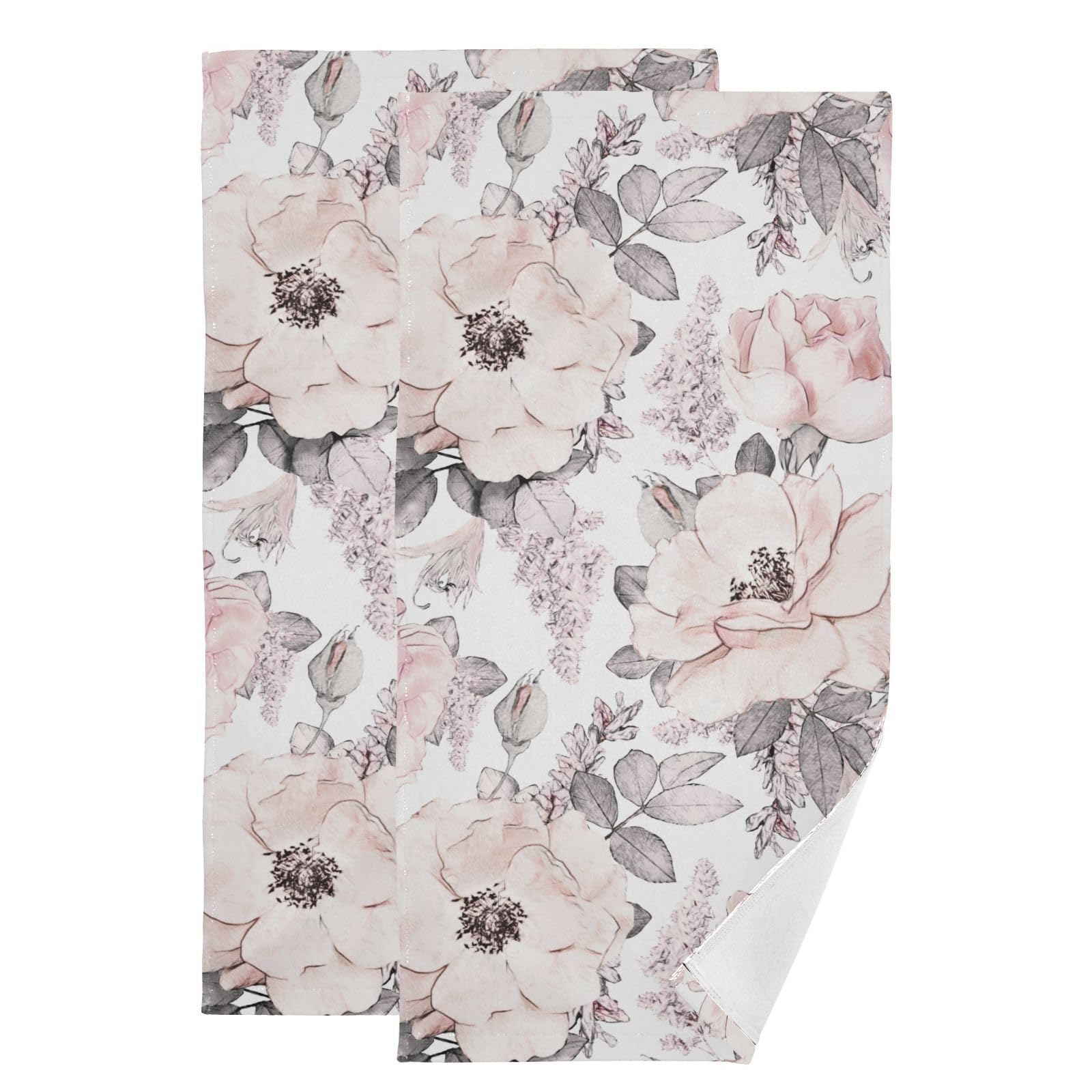 PATINISA Pink Gray Flower Hand Towels for Bathroom Set of 2 Soft Absorbent Watercolor Blossom Floral Grey Leaves Kitchen Dish Towels Vintage