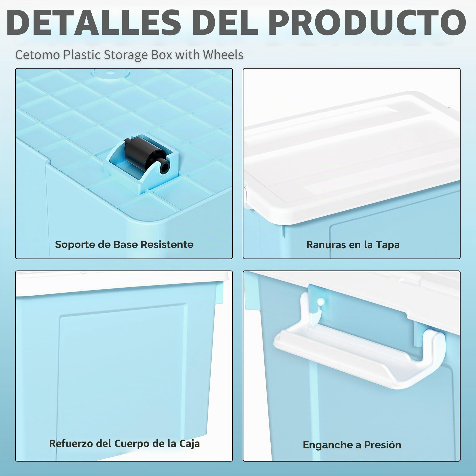 Cetomo 90L*6 Caja de Almacenamiento con Ruedas, Caja de Plástico con Tapa y Cierre Seguro, Contenedor de Almacenamiento Grande, Duradera, Apilable, Resistentes, Azul, Paquete de 6 de 90L