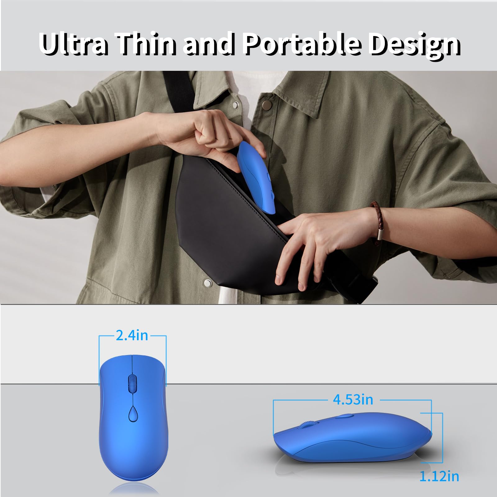 Mouse wireless per Chromebook, laptop, PC, MacBook, mouse ottico sottile portatile con mini ricevitore USB, clic silenzioso, 2400 DPI, 2,4 GHz, mouse portatile da viaggio silenzioso - blu