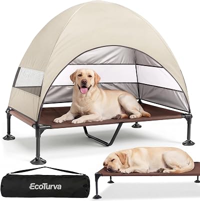 Elevated Dog Bed with Canopy - 3-Sided UV Protection Pet Tent with Wider Shade, Raised Cooling Outdoor Dog Cot with Breathable Mesh for Medium Large Dogs, Portable Pet Bed for Camping, Beach, Patio