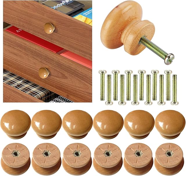 SmartMaster Drawer Knobs, 12 Pcs Wooden Door Knobs Cupboard Knobs Wooden Round Cupboard Handles for Cabinet, Wardrobe, Furniture, Kitchen