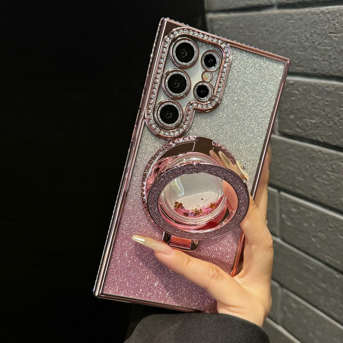 for Samsung Galaxy S25 Ultra Case with Glitter Kickstand,Cute Bling Sparkly Rhinestones Phone Case, Glass Camera Lens Protector,Flowing Liquid Ring Stand for Samsung S25 Ultra (Pink) - Image 8
