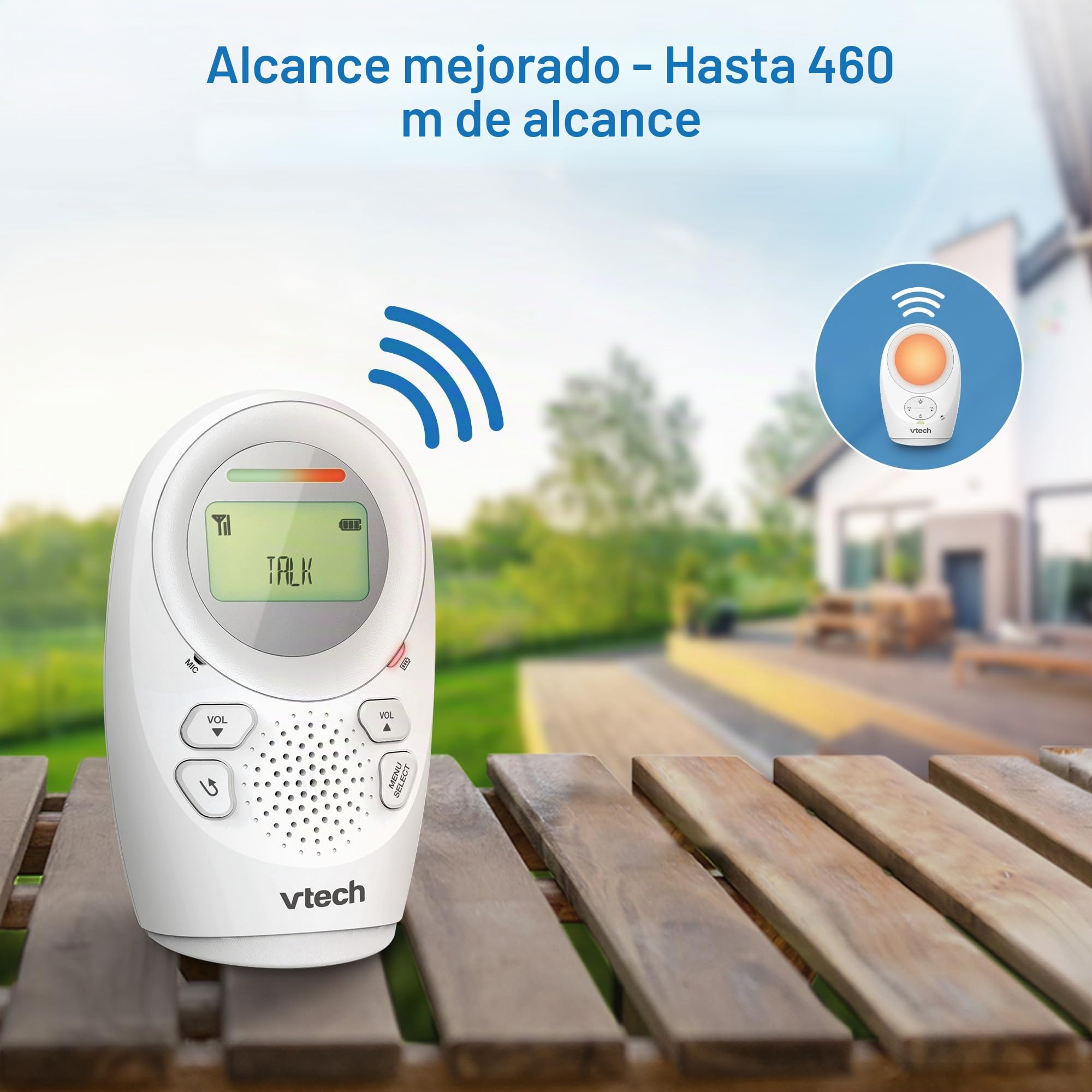 VTech DM1211 Monitor de Audio para bebé, Largo Alcance, Monitor de bebé con conversación bidireccional, Pantalla de Nivel de Ruido, Sensor de Temperatura, Sonidos relajantes, Clip para cinturón de