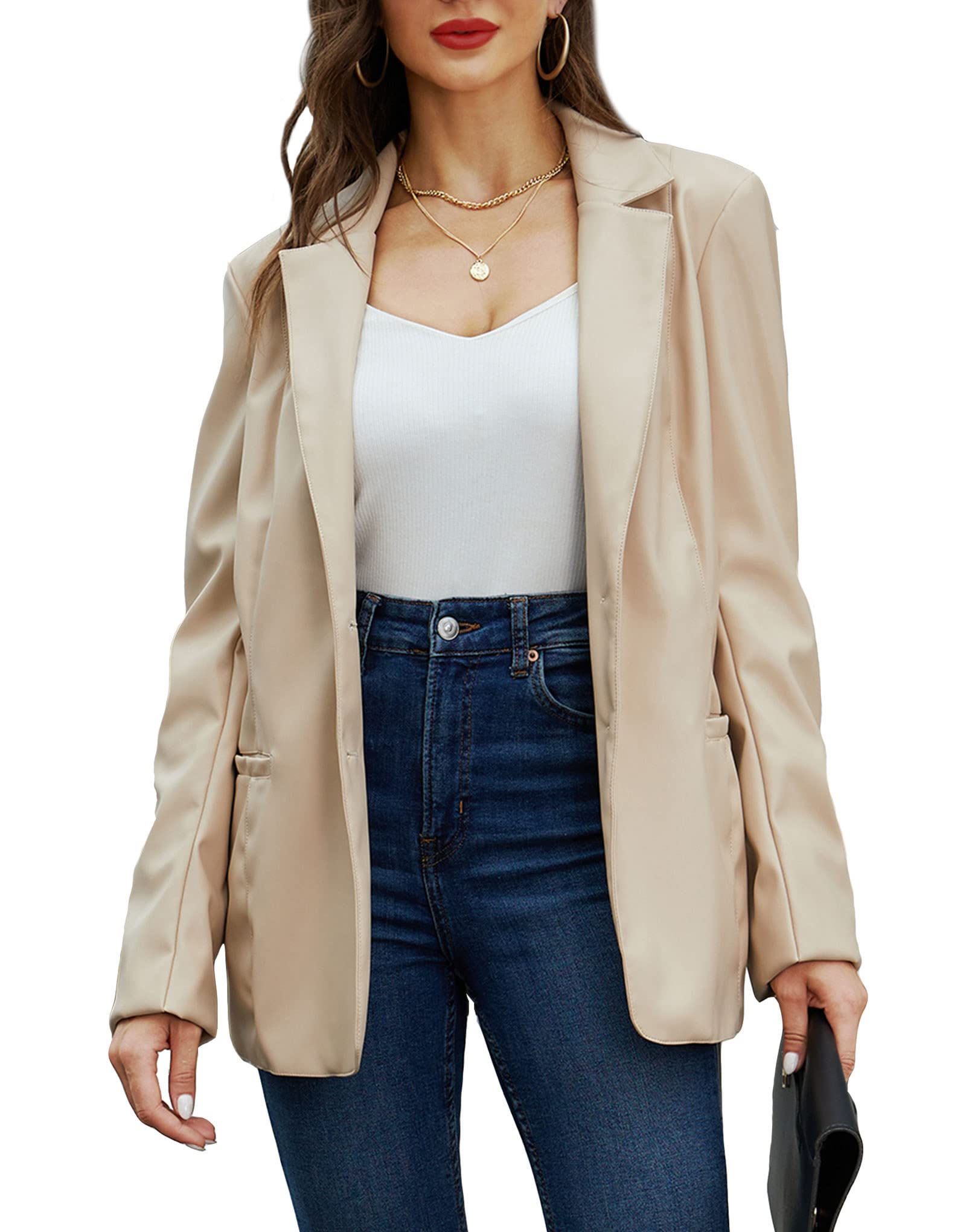RISISSIDA Women Faux Leather Blazer Jacket,Spring Fall Vegan Pleather Soft Casual Lapel Button Down Coat