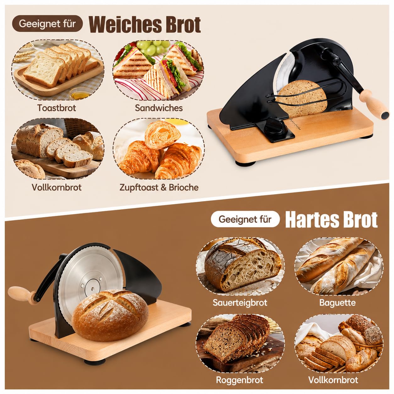 Brotschneidemaschine Manuell mit Handkurbel,Brotschneider mit Verstellbarer Scheibenbreite 0-2,2 cm,Edelstahl Klinge & Massivholz,Tragbare Schneidemaschine mit Saugnäpfen für Sauerteig Brot&Roggen
