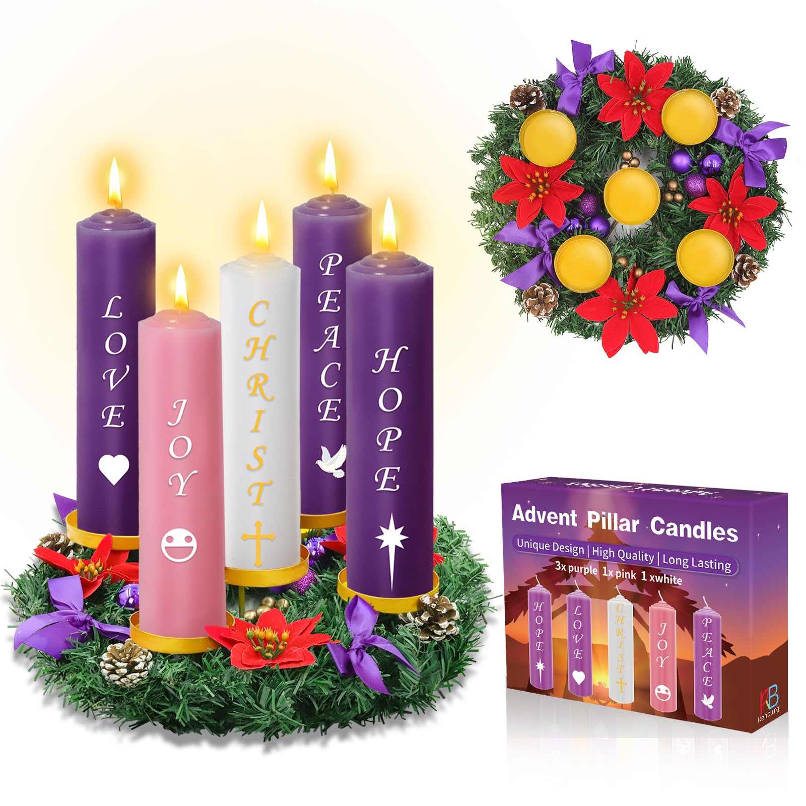 Christmas Advent Wreath 5 Candle Holder Set with 2x7'' Pillar Advent Candles, 12 Inch Ring Candle Holder Fire Retardant Centerpiece Decoration for Holiday Rustic Table Indoor Home Church