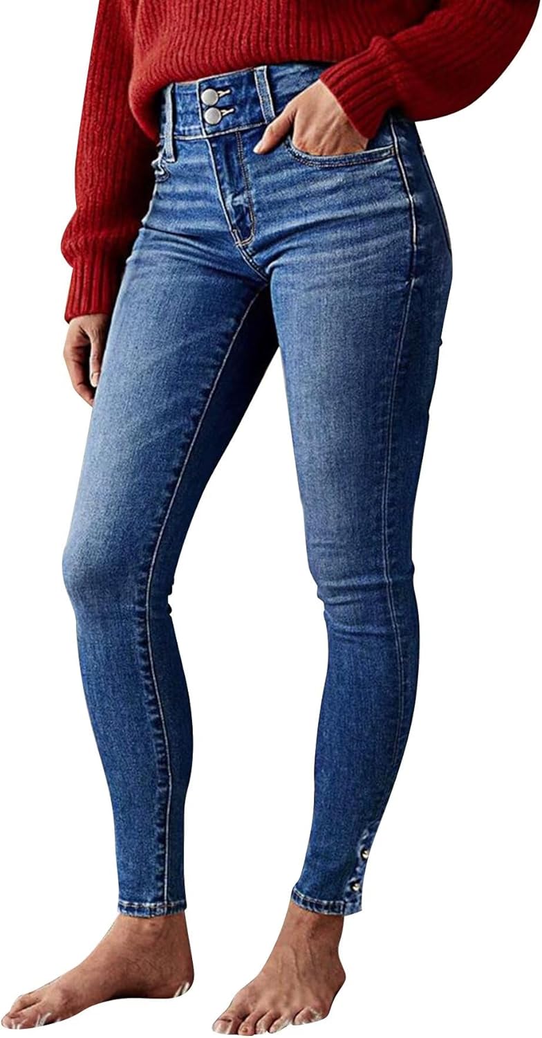 Flamingals High Waist Butt Lifting Skinny Jeans for Women Double Button Tummy Control Vintage Denim Pants