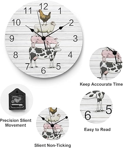 Miniatura 6 de Reloj de pared de PVC de animales de granja, silencioso sin tictac, funciona con pilas, reloj redondo para el hogar, oficina, escuela, cocina,