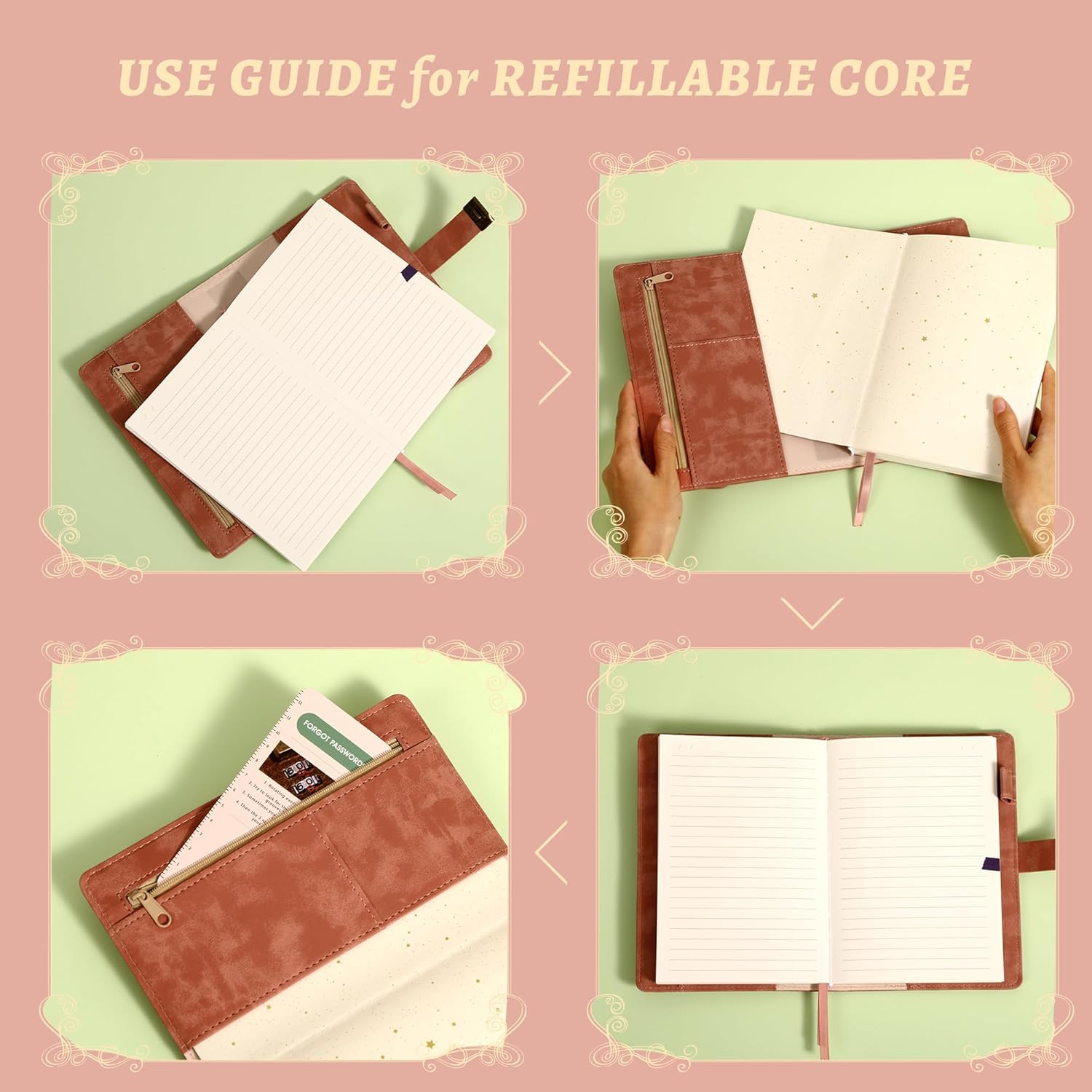 Lock Diary for Women Girls Vintage Lock Journal Refillable Personal Locking Diary Leather Locking Journal Writing Notebook B6 Secret Journal with Combination Passwords 5.5 x 7.8 in, Sunflower Pink - Image 6