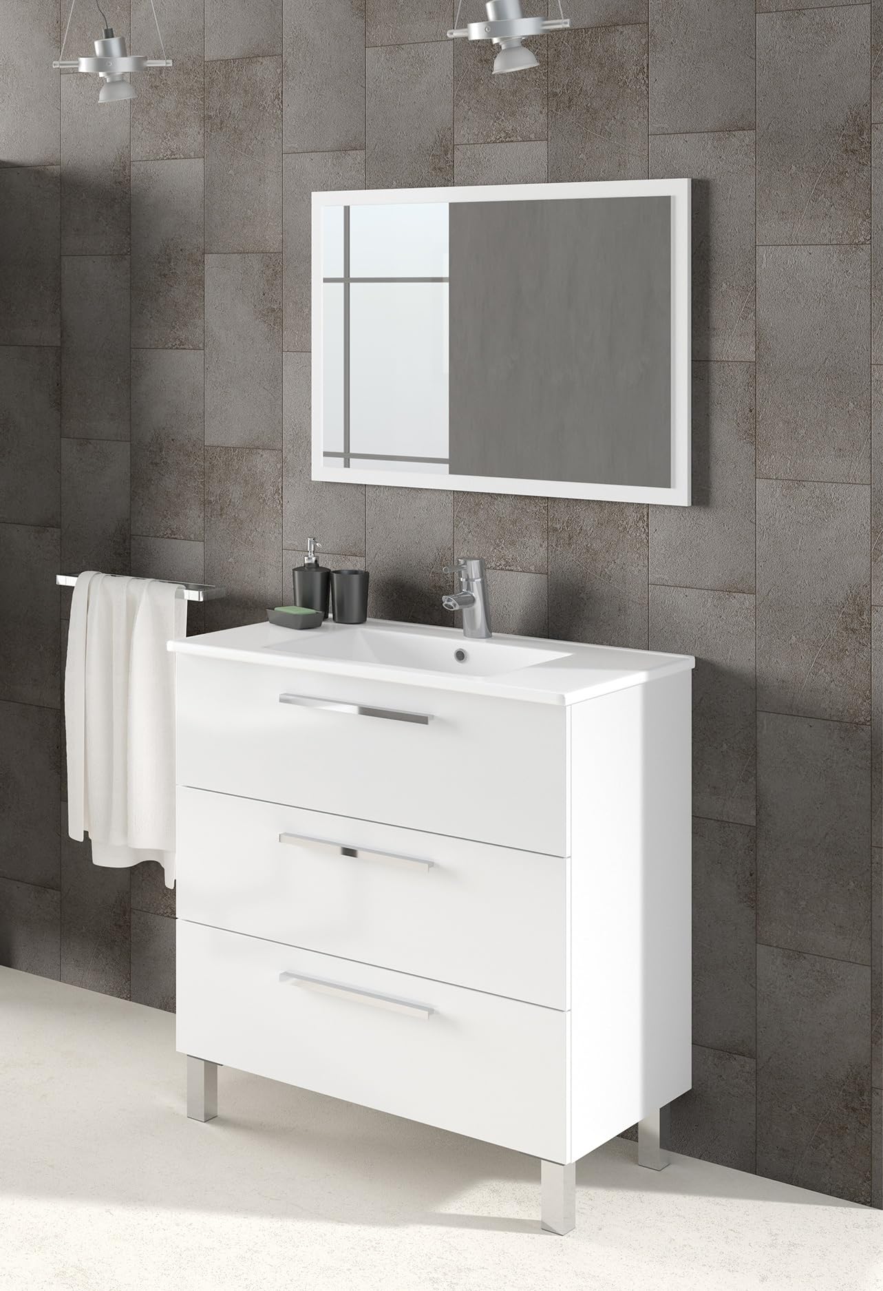Arkitmobel Modèle Athena Meuble de salle de bain avec 3 tiroirs et miroir Blanc brillant 80 x 86 x 45 cm (l x h x p)