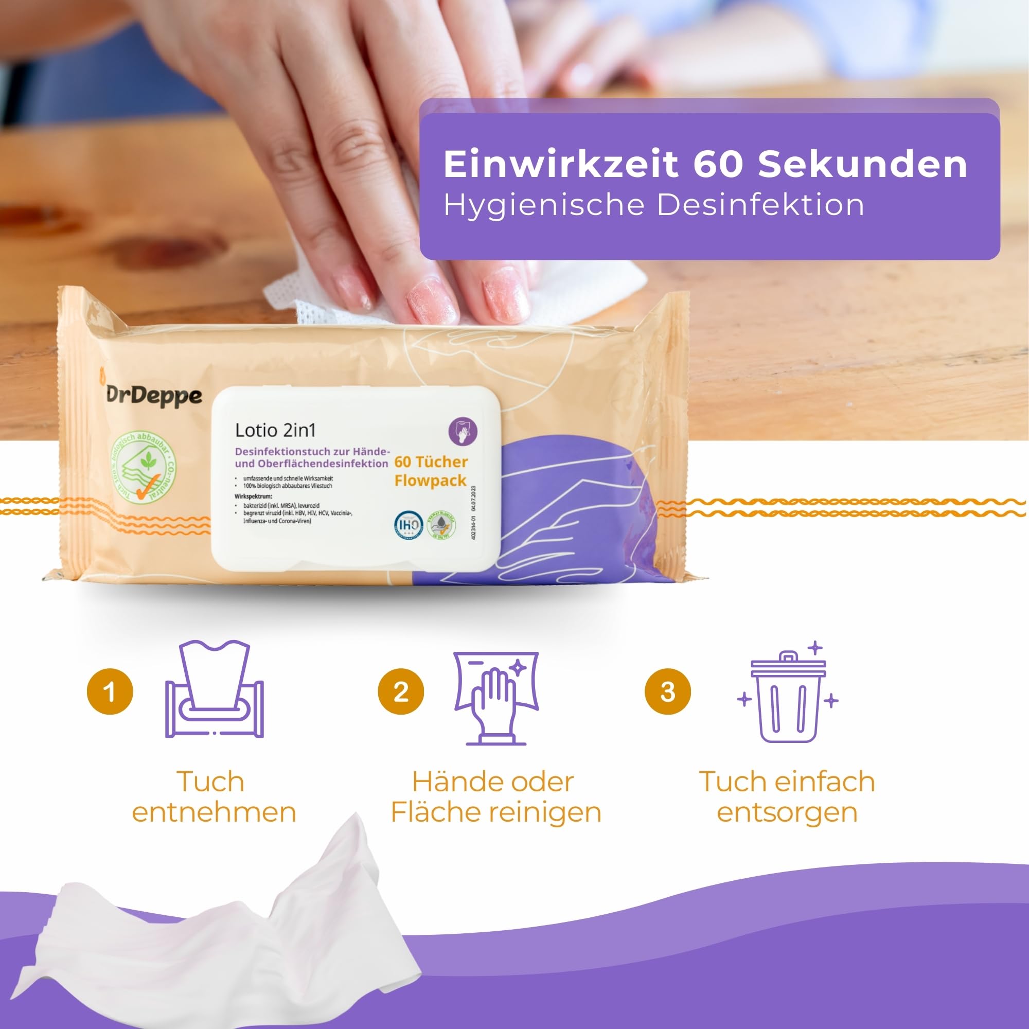 Dr Deppe Lotio 2in1 - Desinfektionstücher für Hände & Flächen mit Aloe Vera 100% biologisch abbaubar, aus nachwachsenden Rohstoffen für die einfache und schnelle Beseitigung von Bakterien und Viren
