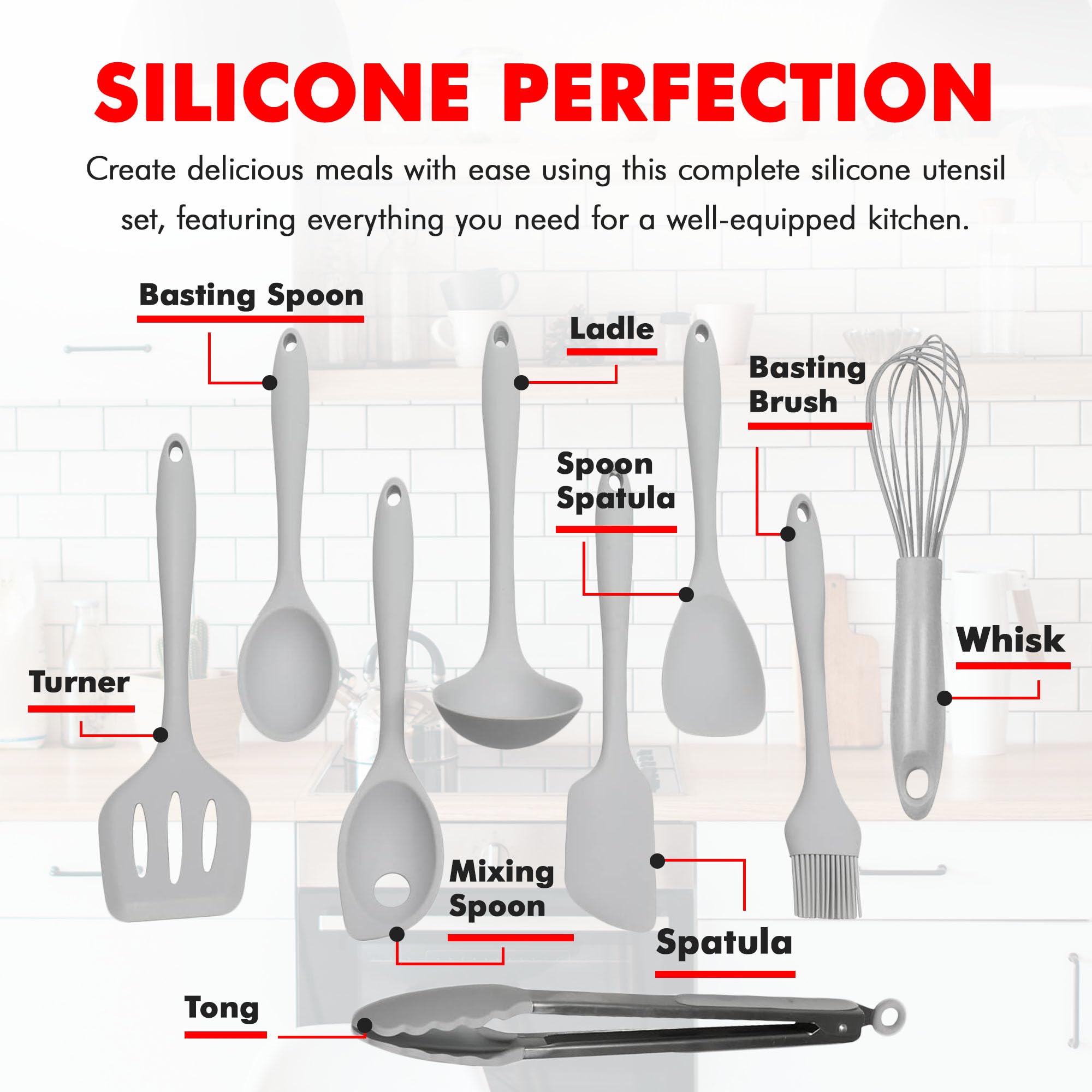 Chef Craft Set di utensili da cucina e utensili da cucina in silicone, 9 pezzi, grigio