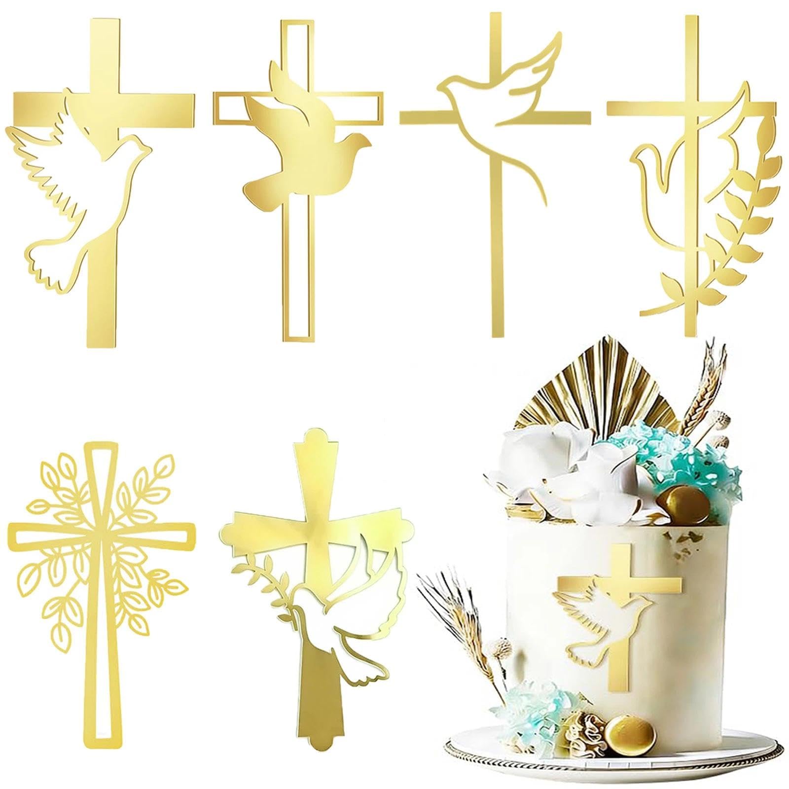 MEWTWEO 6 Pcs Christening Cake Toppers, Acrylic Gold Christening Cake Decoration, Cross Dove God Bless Leaves for Baby Shower Baptism Confirmation Party Birthday Wedding Cakes Supplies
