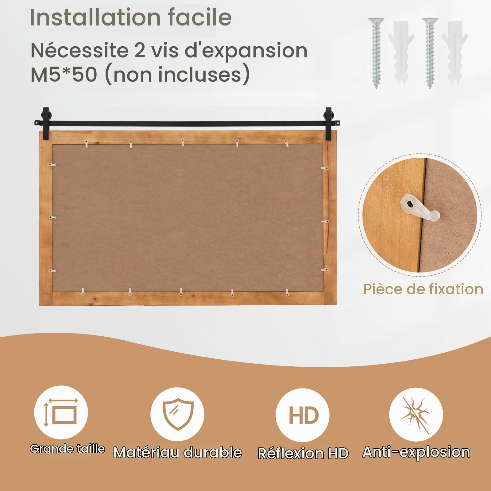 LIFEZEAL 100 X 66 CM Miroir Murale Rustique, Rectangulaire Miroir Murale avec Cadre en Bois Massif, Support en Métal, Décoration Rustique pour Salon, Entrée, Chambre, Salle de Bain (Marron)
