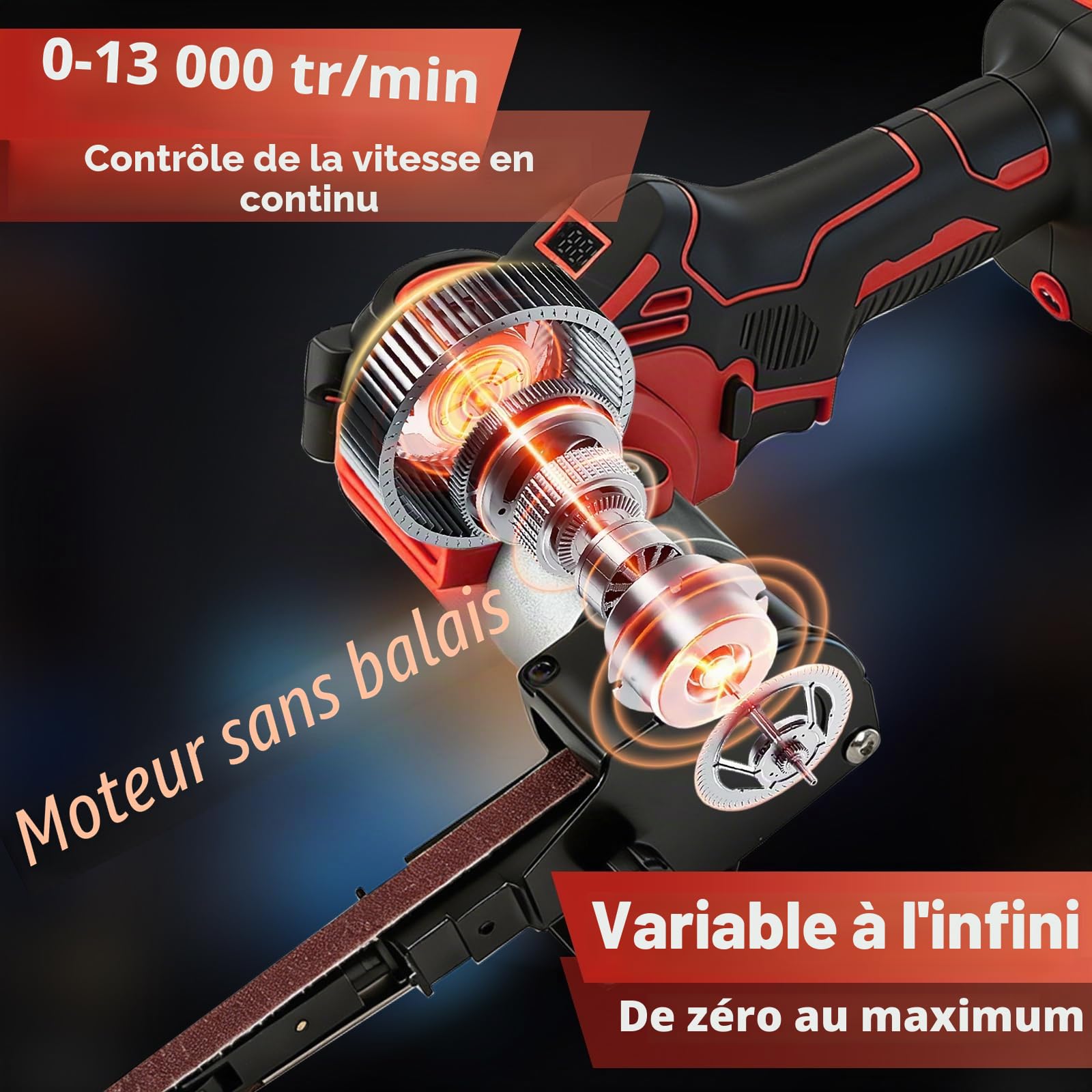 Ponceuse à courroie sans fil compatible avec la batterie Milwaukee M18, 0-13 000 tr/min, réglable à 360° sans balais avec 20 courroies abrasives pour bois, métal, plastique (rouge pour Milwaukee)