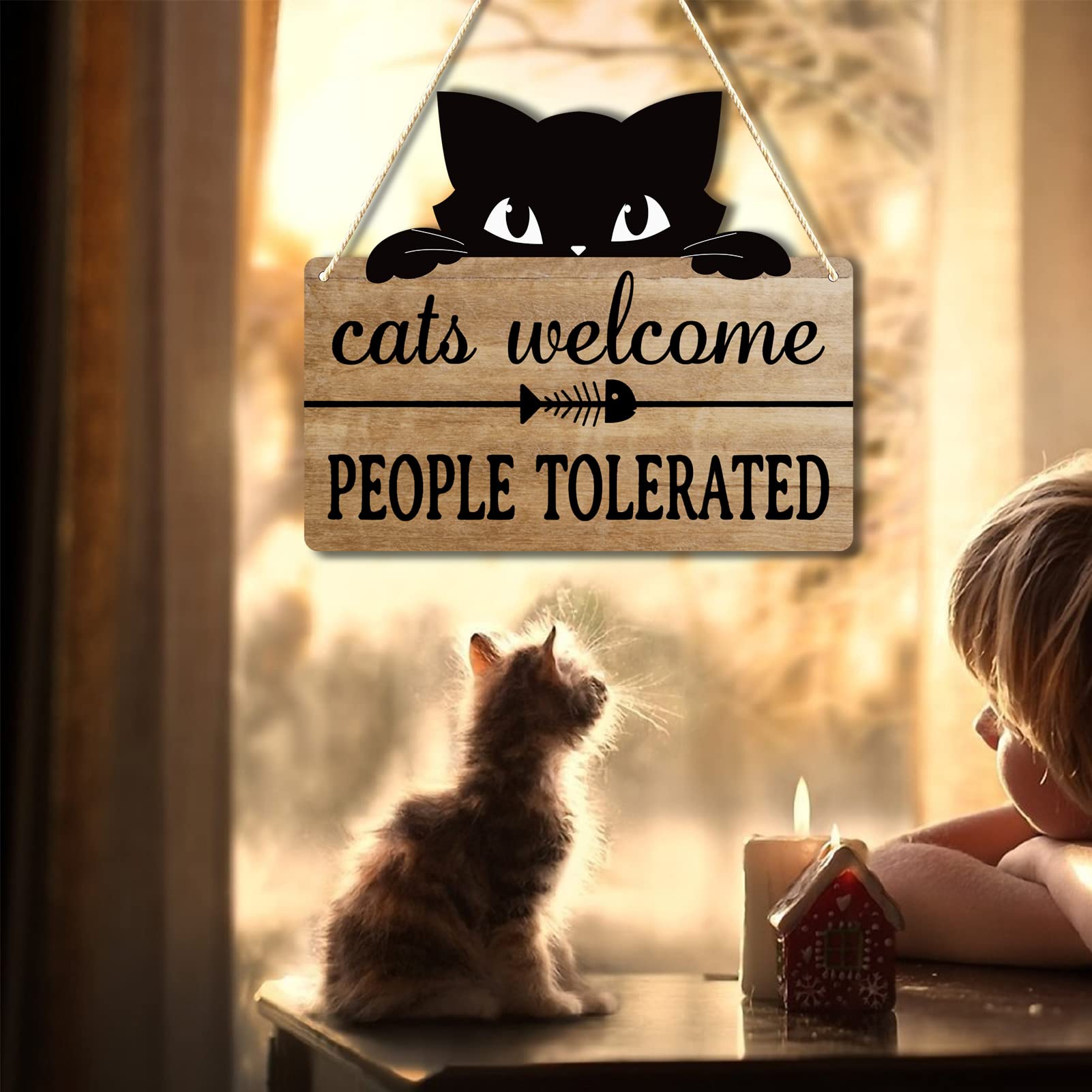 Cat Welcome People Tolerated Sign - Funny Cat Wall Decor for Home, Rustic Hanging Wooden Plaque with Black Cat， Unique Gift for Cat Lovers Women Men