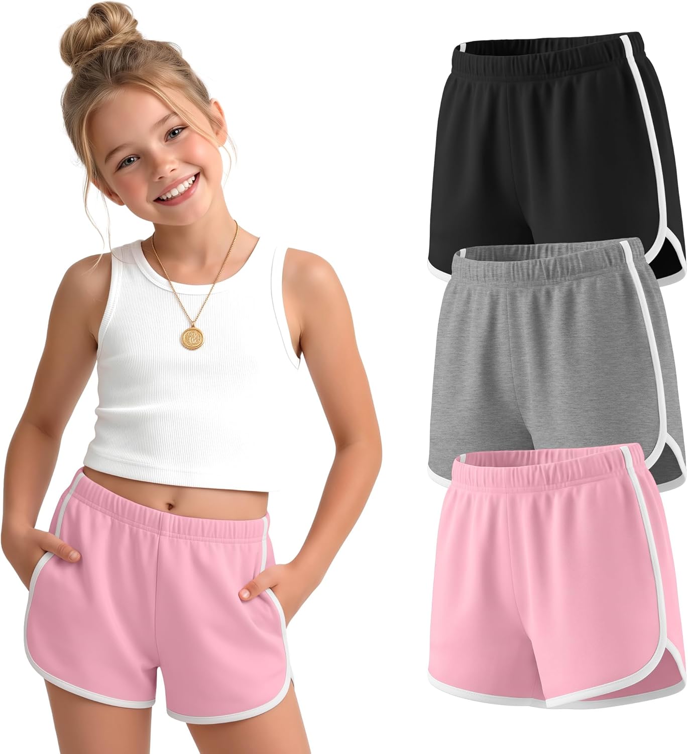 3 Pack Girls Shorts Teen Girls Athletic Shorts with Pockets Kids Summer Workout Active Shorts for Running Soccer