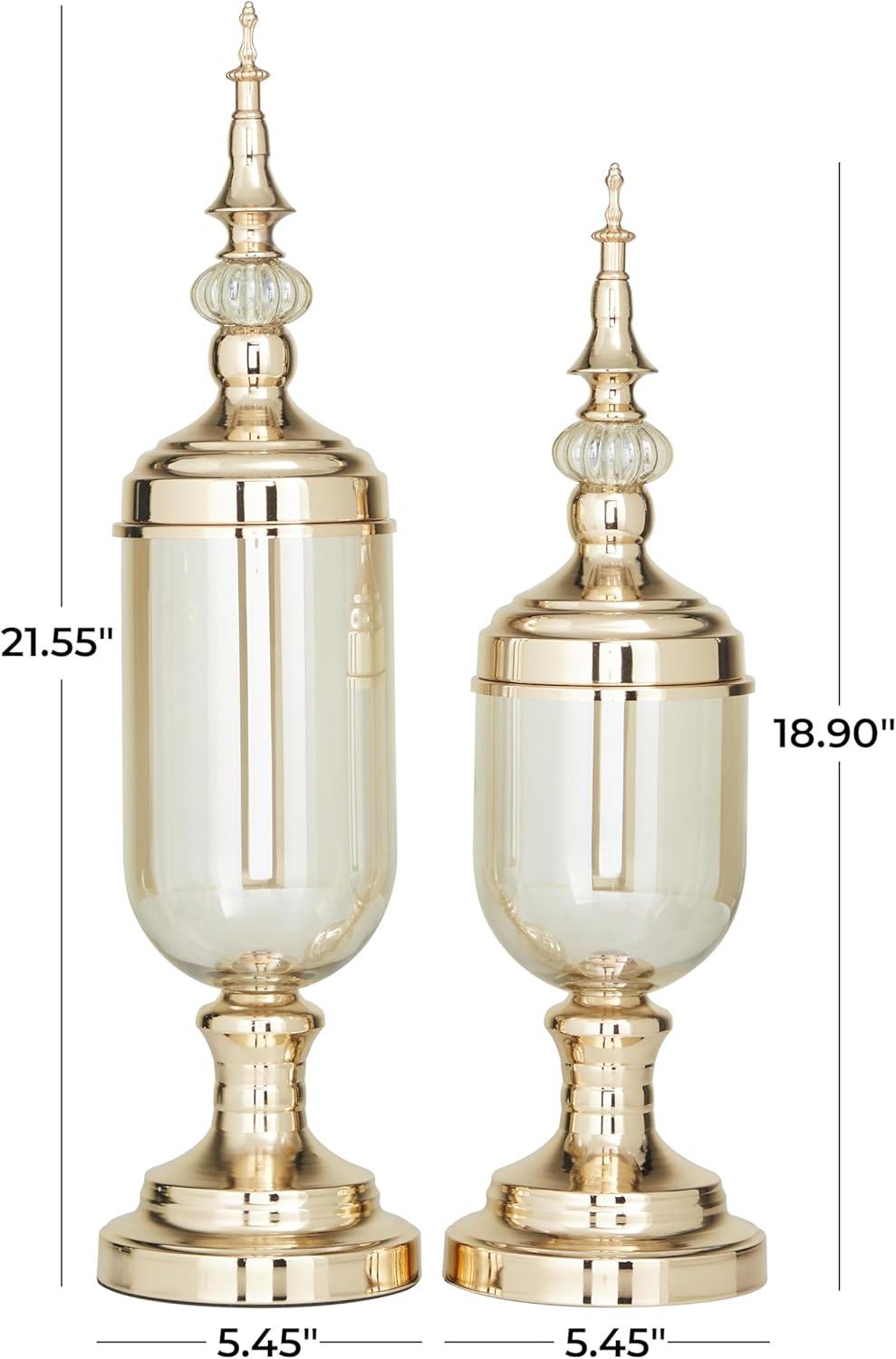 CosmoLiving by Cosmopolitan Metal Living Room Decorative Jars Decorative Container with Finial Lids, Set of 2 Jar with Lid 22", 19"H, Gold