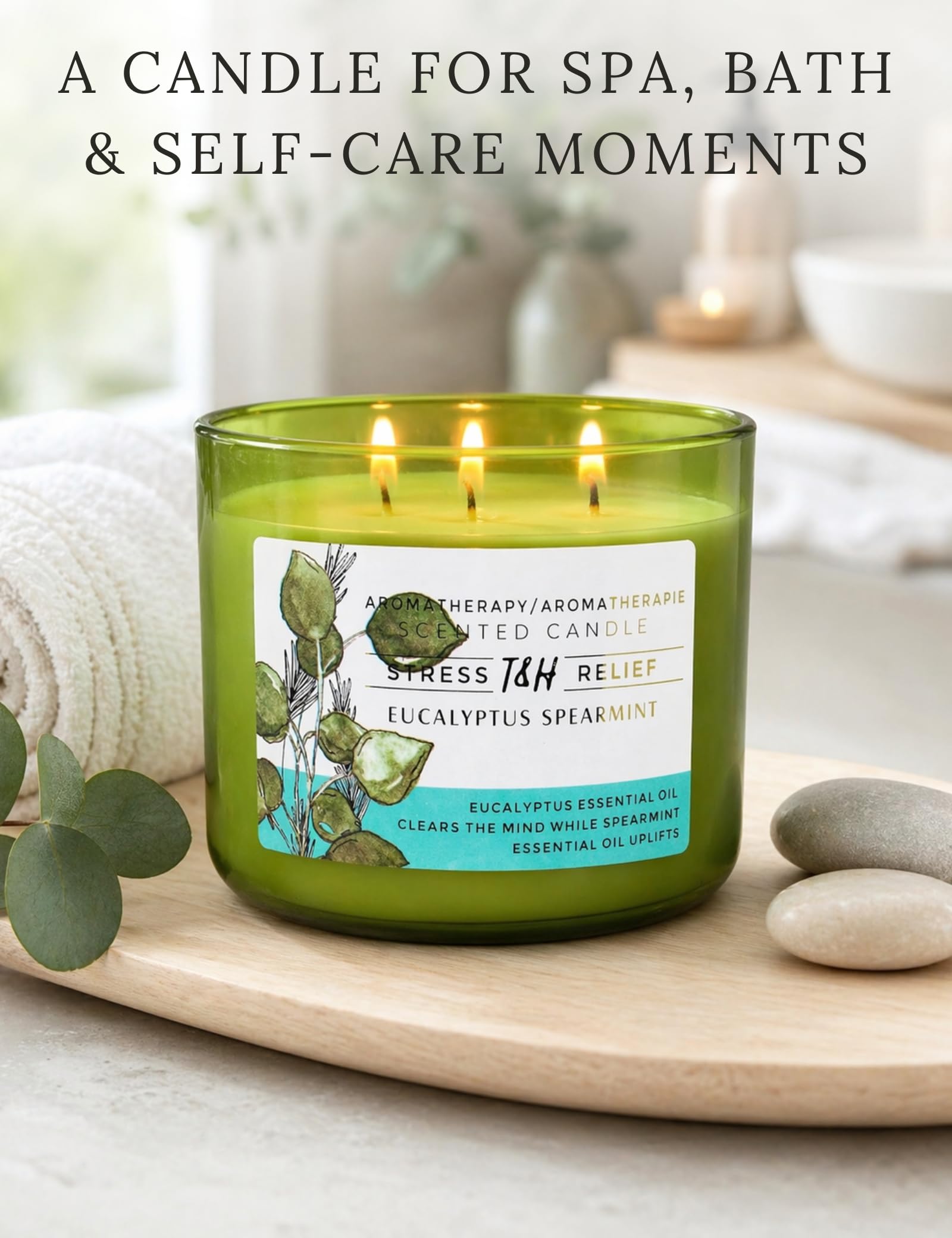 Duftkerze Eukalyptus Spearmint | 450 g große Soja-Kerze mit 3 Dochten | beruhigende Aromatherapie-Kerze für Zuhause | frischer Minze-Spa-Duft | langanhaltende, saubere Verbrennung | Entspannungs- und